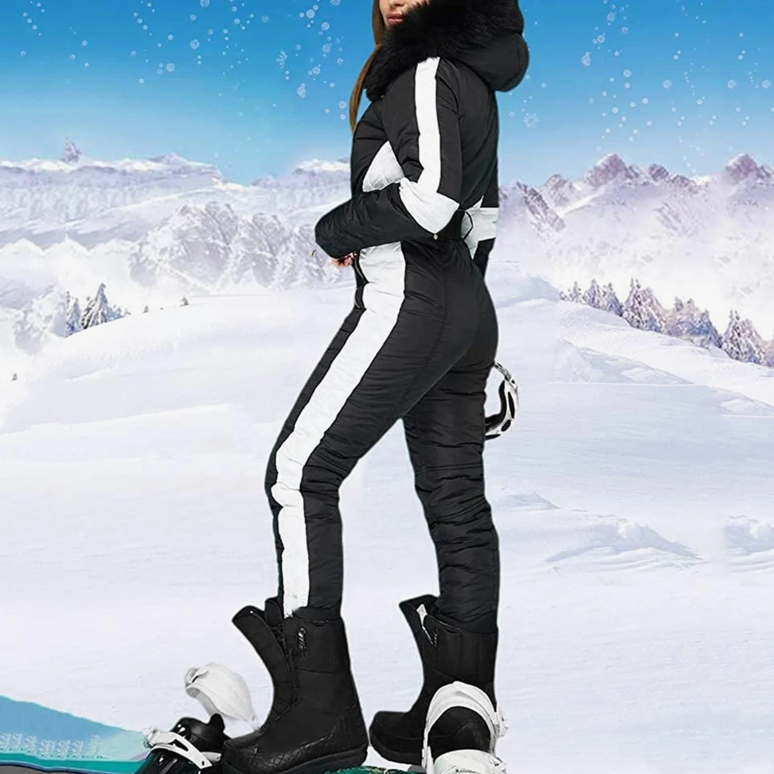 Tuta da neve da donna, intera, calda, per sci e snowboard, con cappuccio in pelliccia e guanti, impermeabile, abbigliamento per la neve, moda femminile