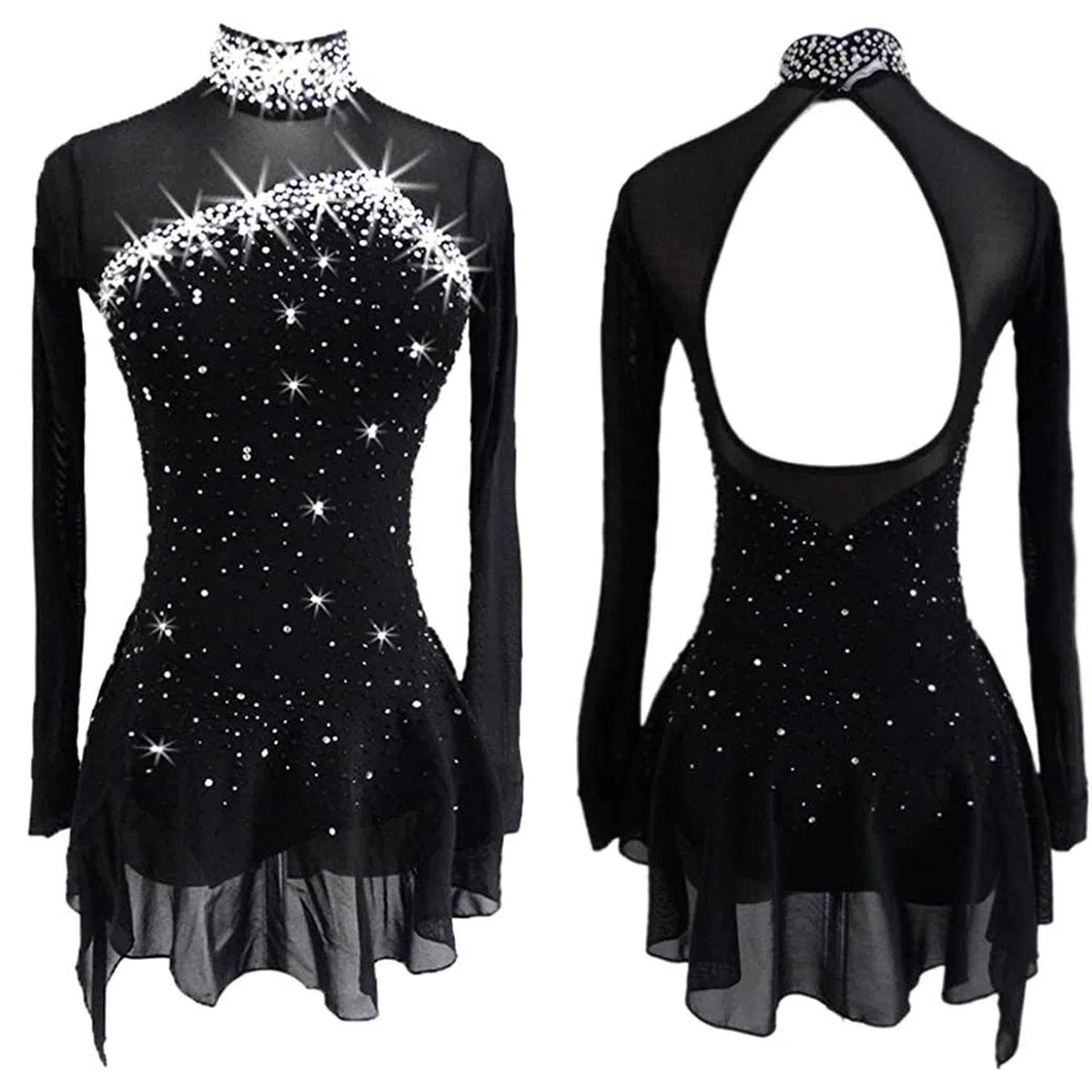 ZEDDG Vestito Pattinaggio Artistico Bambina con Strass Abito da Ballo Latino Danza Balletto Body da Ginnastica per Donna,Black 1-M