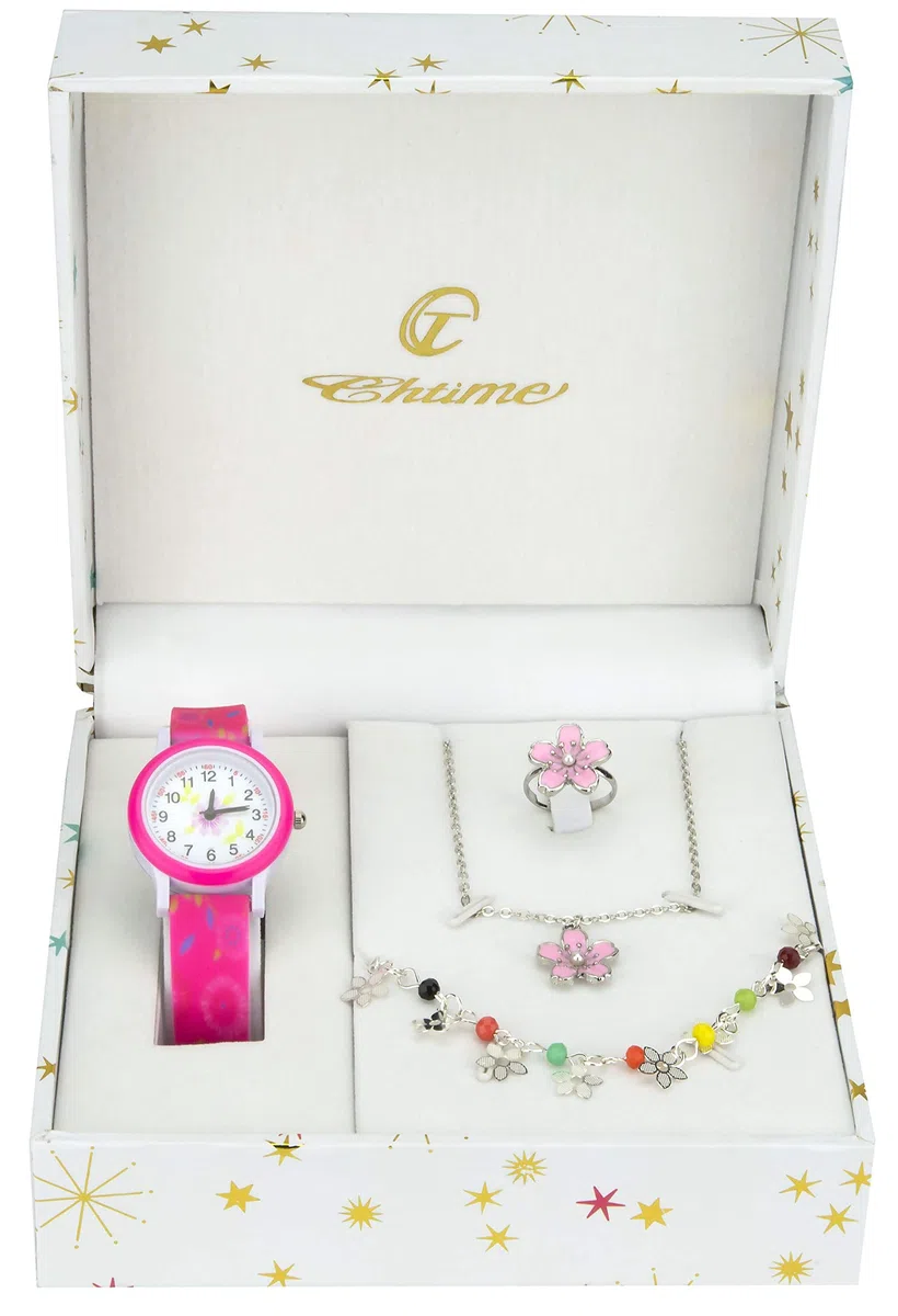 BELLOS Cofanetto Orologio Ragazza Rosa- Parure di gioielli Marguerita- Collana-Anello- Cinturino
