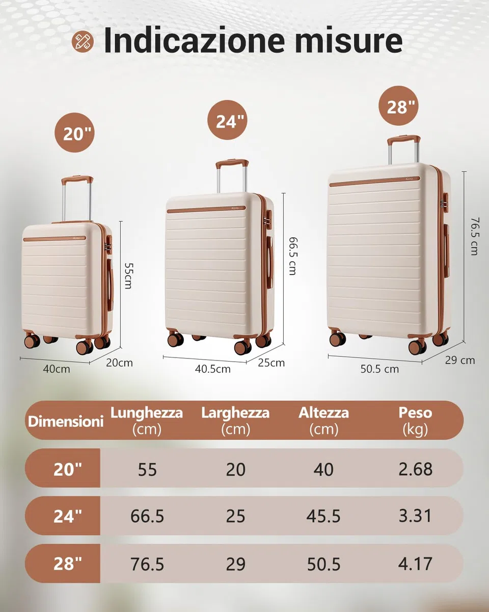 Kono Valigia Grande 76.5cm, Valigia da Viaggio Grande 23kg in Composito ABS+PC, Equipaggio Mano con 4 Ruote, Bianco
