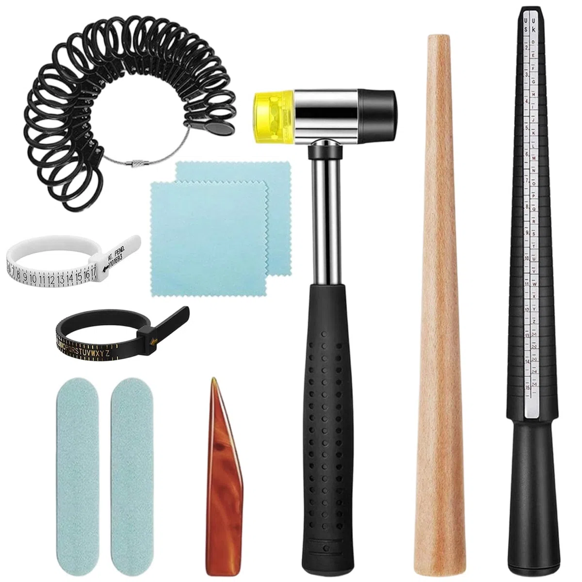 11 Pezzi Misuratore Anelli, Set Strumenti Misurazione per Gioielli, Misura Anelli per Riparazione e Creazione, Strumento con Mandrino Anello, Martello Gomma, Lucidatura Agata, Ring Sizer Scala