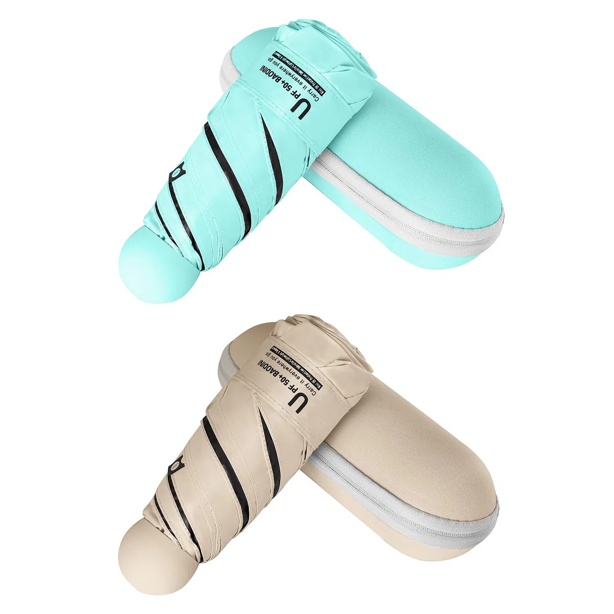 BAODINI Travel Essentials Mini ombrello per borsa con custodia, piccolo compatto protezione solare UV, leggero, piccola tasca, apertura manuale, ombrello per donne, bambini e uomini, adatto per borse