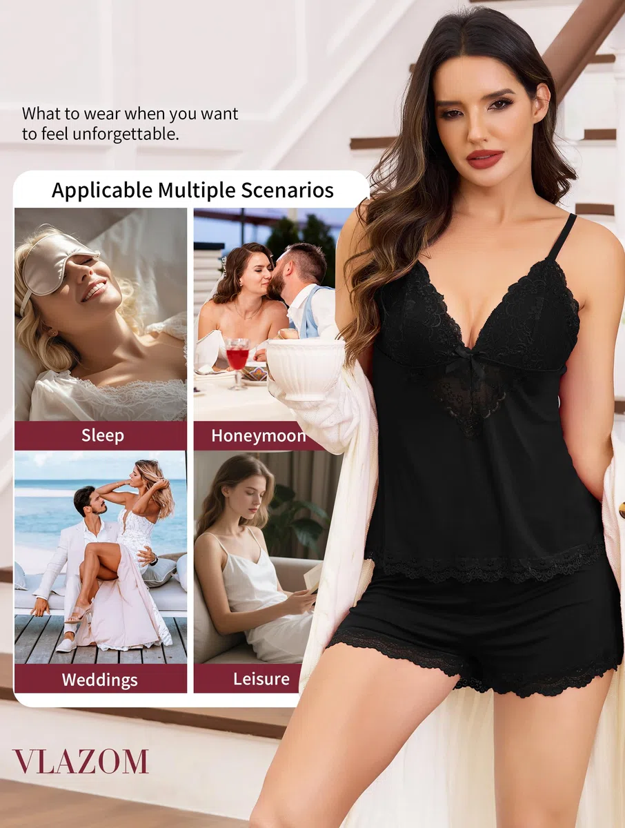 Vlazom Pigiama Donna Senza Maniche 2 Pezzi in Pizzo Top a Bretelle e Short