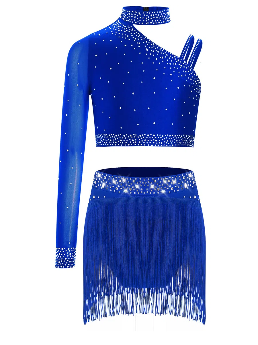 JEATHA Ragazza Abito da Ballo Latino Monospalla 2 Pezzi Top Corto con Strass e Gonna Irregolaro con Frange Vestito da Danza Classica Standard Salsa Samba