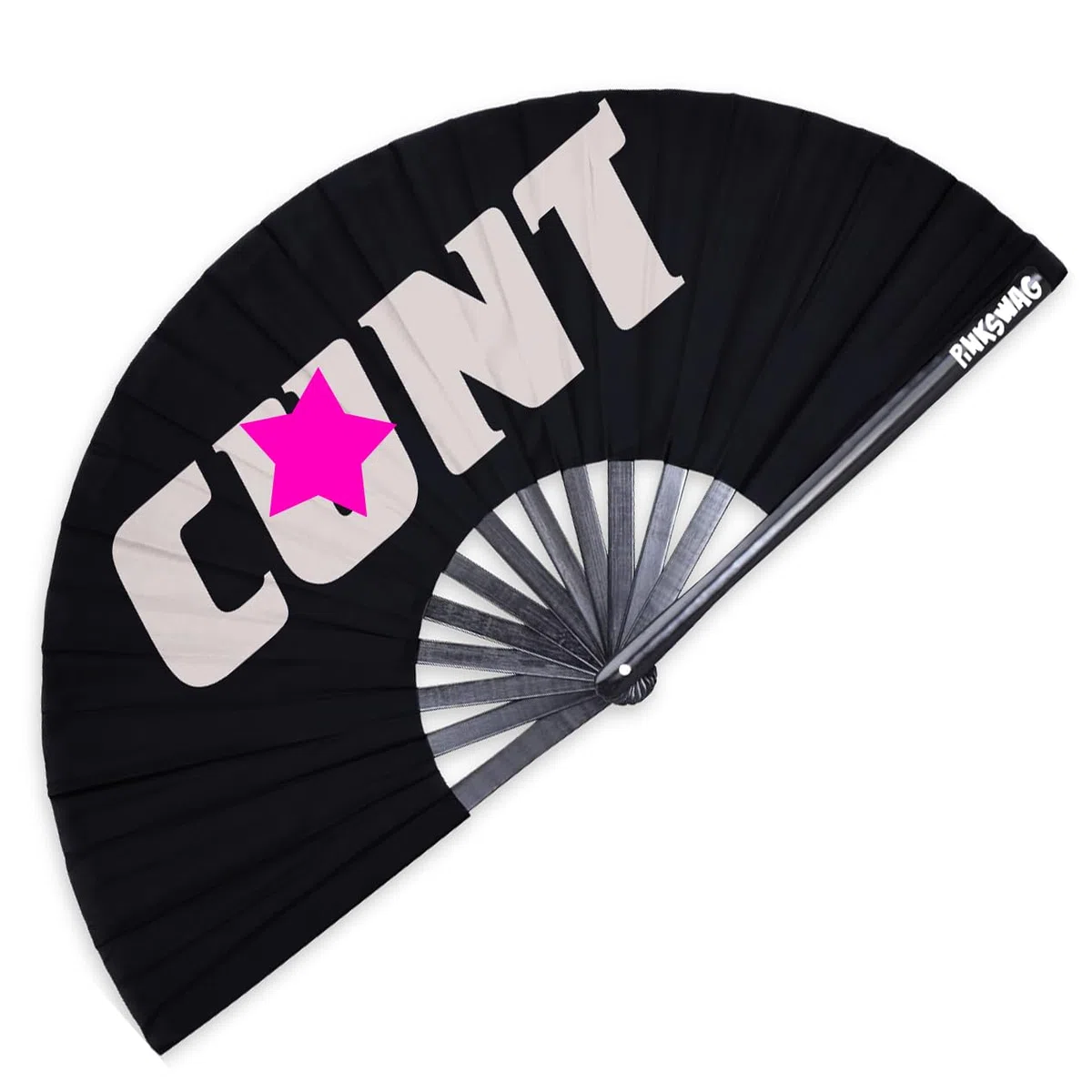 Ventaglio bianco "C*NT" in bambù bianco con testo in grassetto, performance queer e accessorio per club