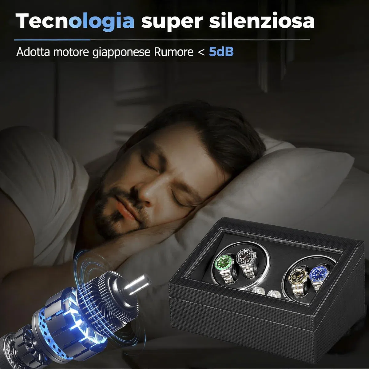 ANWBROAD JWW002F - Caricatore per orologi automatici, 4 modalità di rotazione, USB, 4 rotatori per orologi e 6 scomparti extra, con motore super silenzioso e retroilluminazione a LED, in fibra di