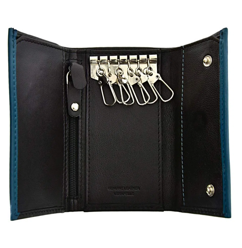 Carraro Portachiavi 6 Ganci con Tasca Portabanconote e Zip Interna Portamonete. Vera Pelle Di Vitello (Nero)