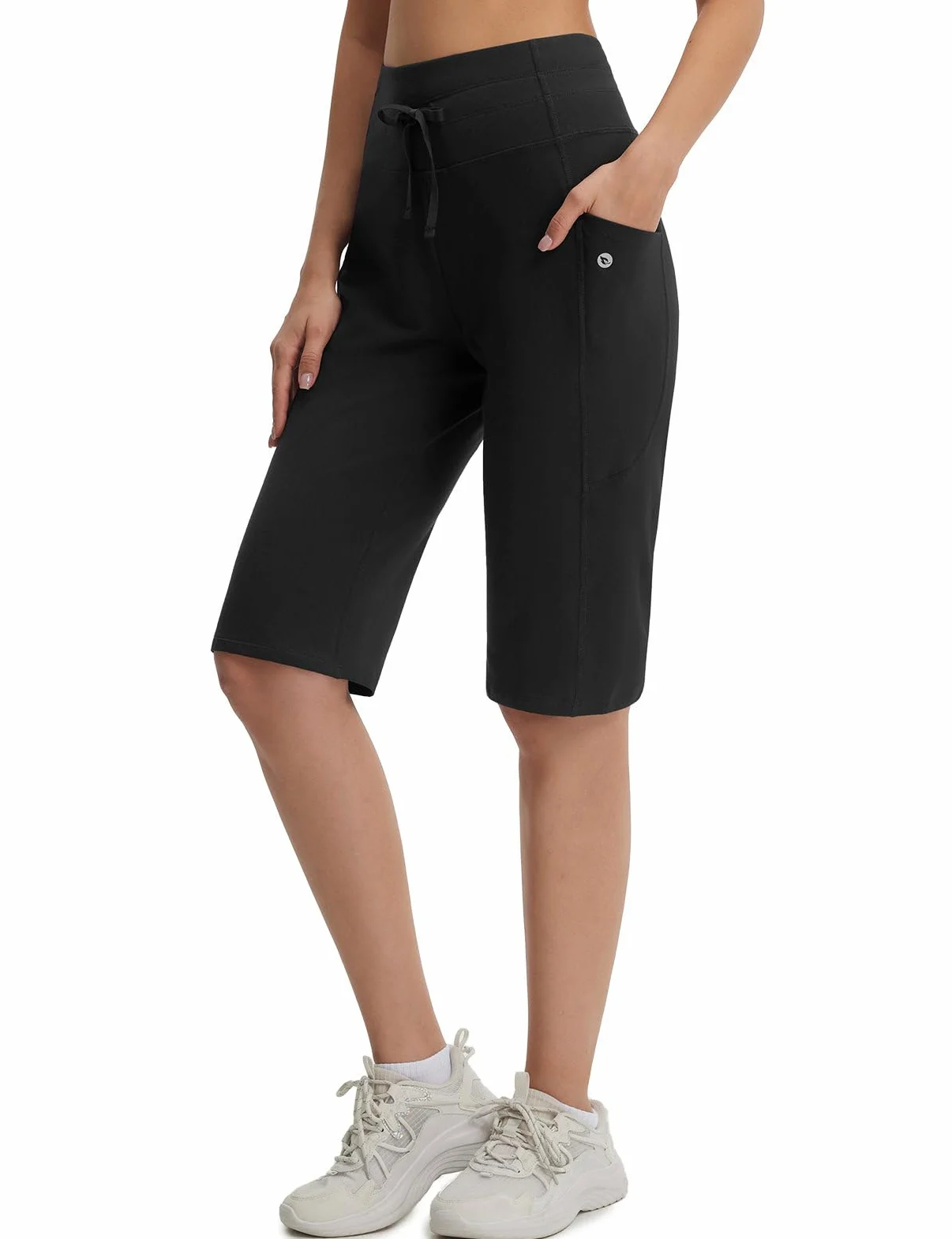 baleaf Pantaloncini da yoga da donna in cotone, lunghezza al ginocchio, a vita alta, pantaloncini sportivi con tasche, elasticizzati, morbidi, larghi, casual, estivi