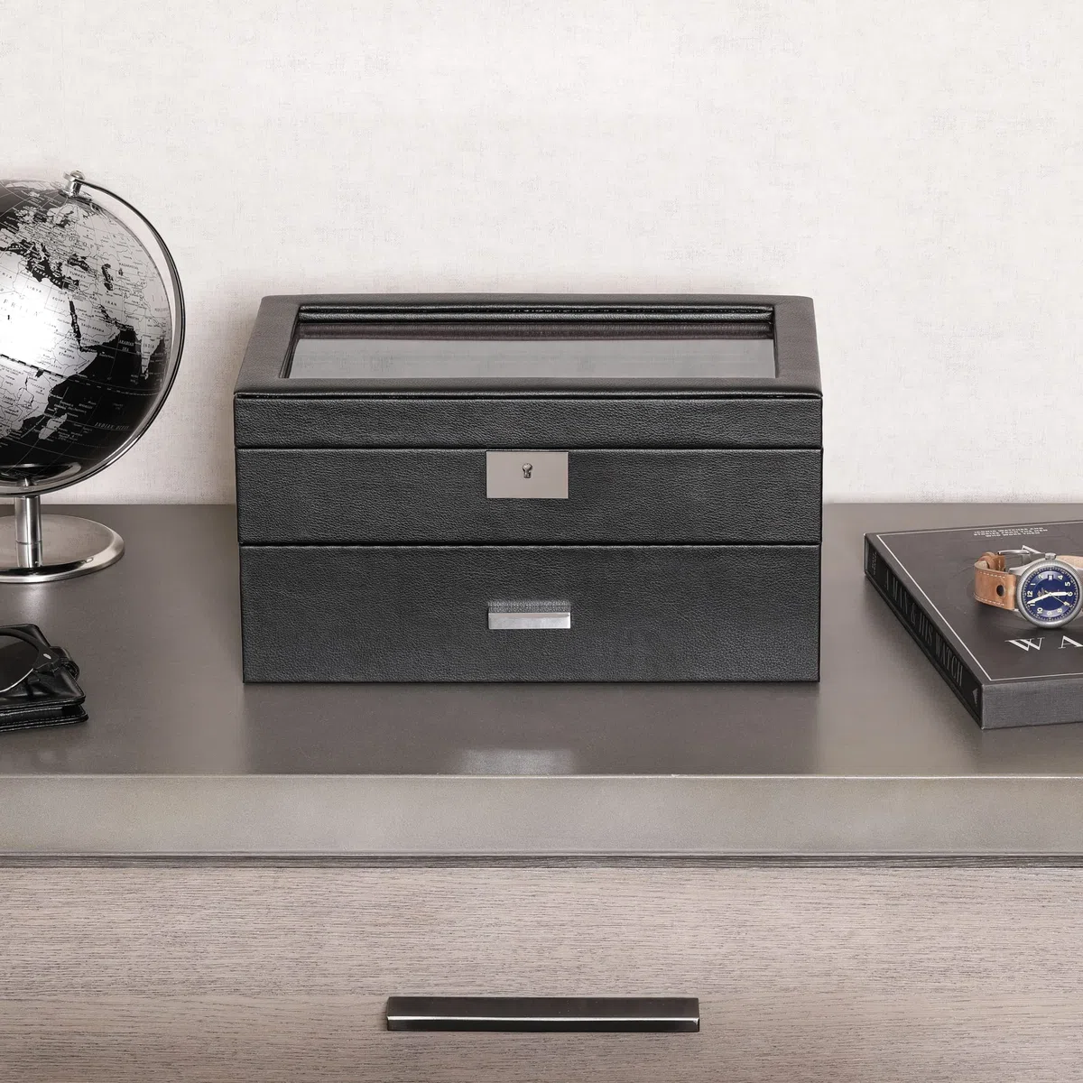 ROTHWELL Scatola per orologi in pelle con 20 scomparti, organizer per orologi di lusso, con chiusura a chiave, con grande ripiano in vero vetro, organizer per orologi da uomo e donna