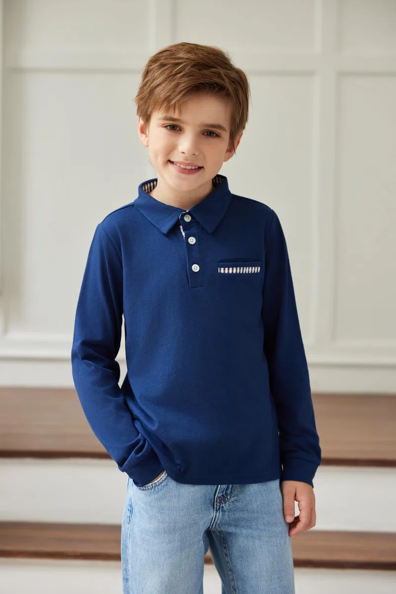 Arshiner Maglietta Polo a Maniche Lunghe per Bambino, Camicia Elasticizzata con Colletto con Dettaglio a Quadri e Taschino, Elegante e Morbida per Scuola e Autunno, 5–12 Anni