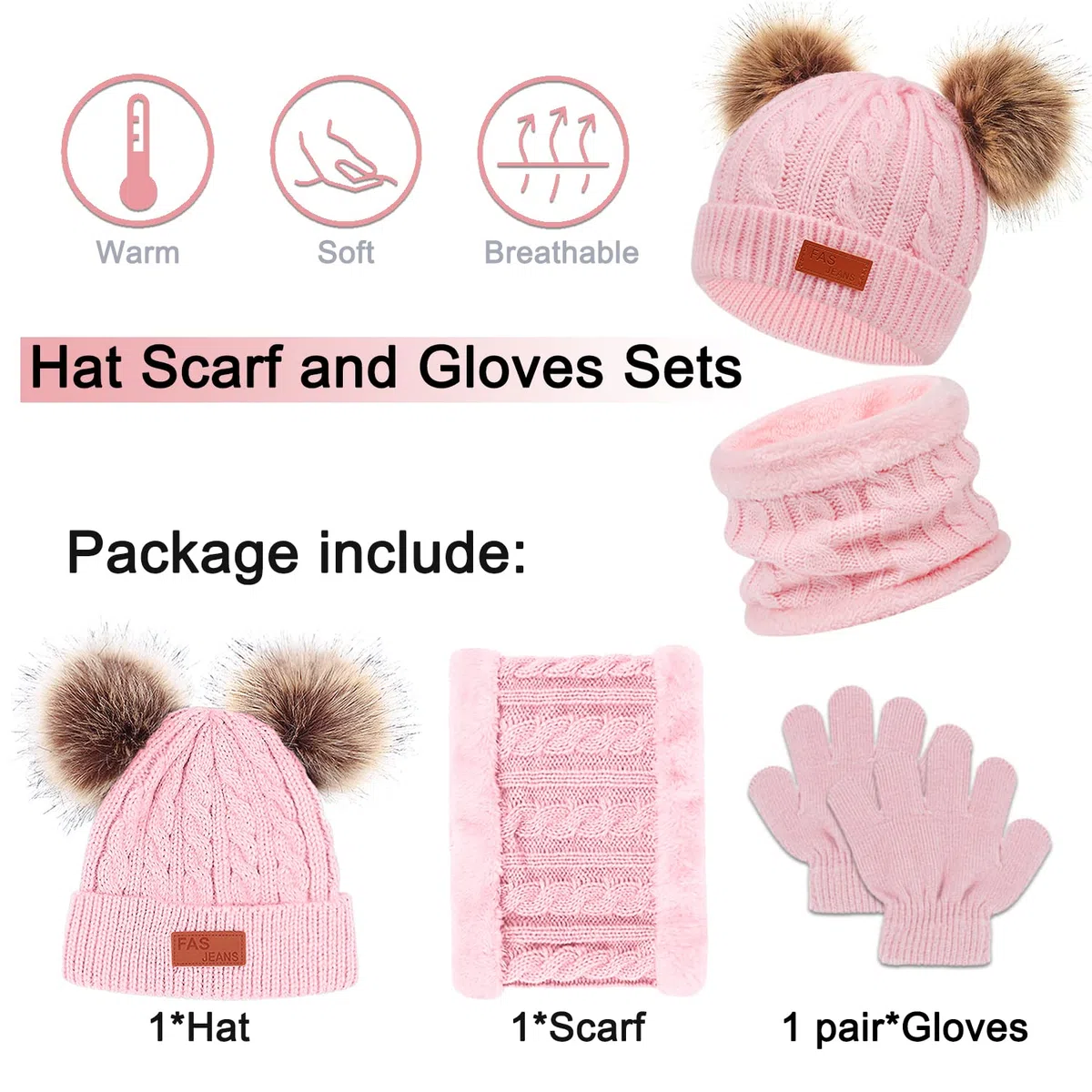 Baynetin 3 Pezzi Bambini Inverno Beanie Cappello Sciarpa Guanti Set Termico Maglia Crochet Spessa Pom Kids Beanie Cappello Sciarpa Guanti 3 in 1, per 1-6 Anni Ragazzi Ragazze