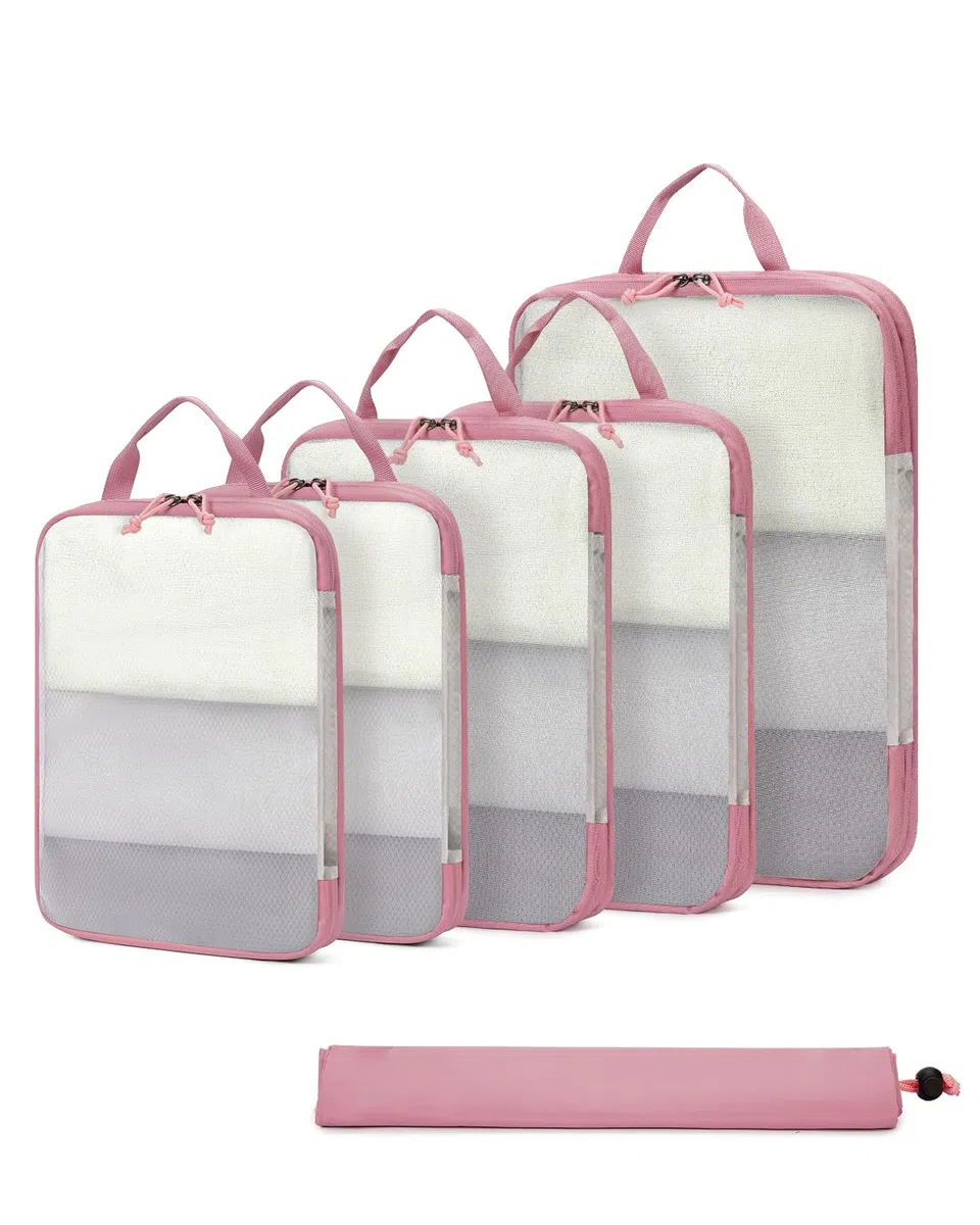 ECOHUB 6 Pezzi Organizer Valigia Salvaspazio Compressione, Set Per Viaggio Con Copriscarpe, Divisori Per Bagaglio a Mano, Leggero, Rosa