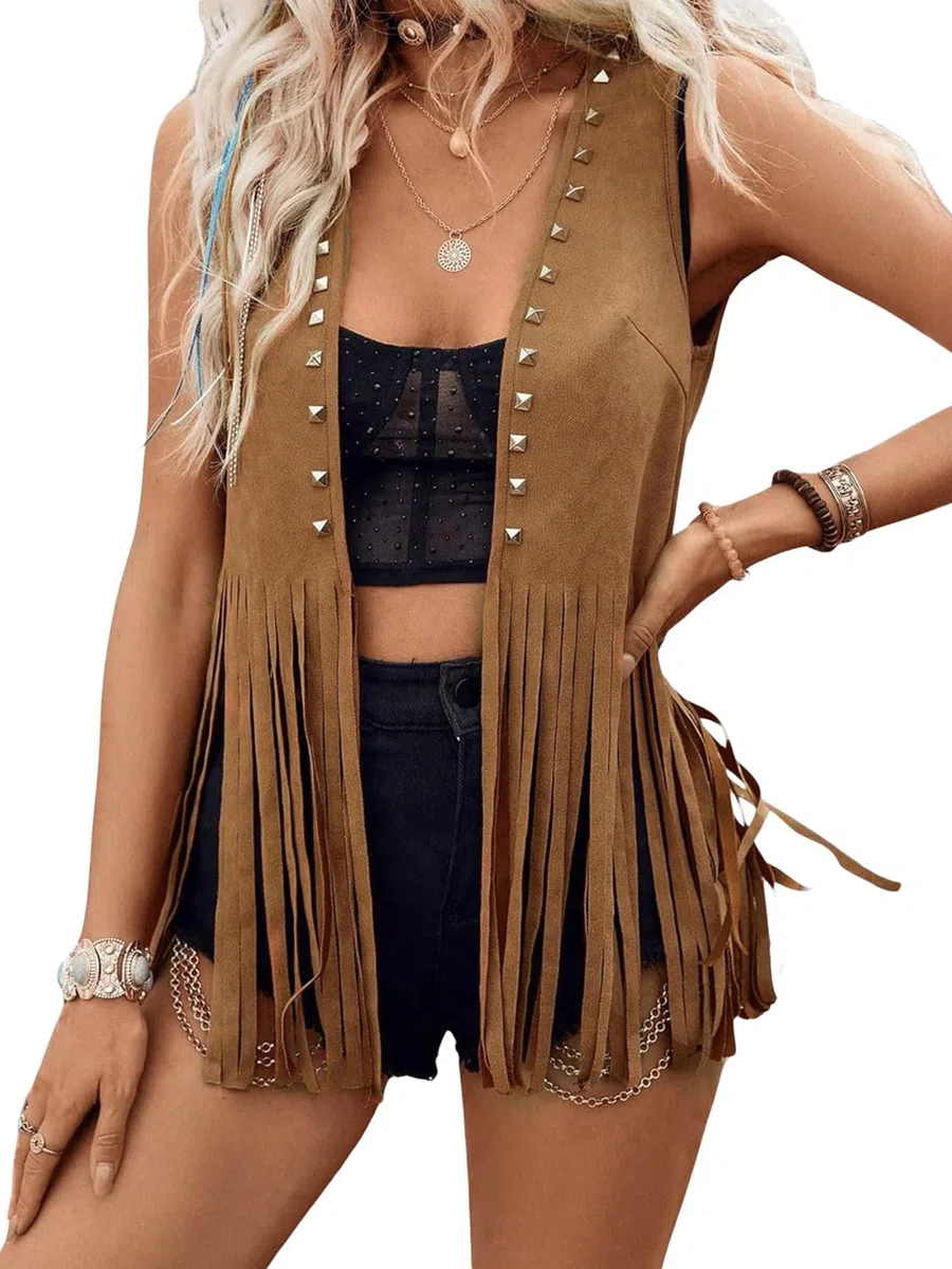 Gilet da donna con nappa, stile hippie, senza maniche, con rivetti, in finta pelle scamosciata, con frange occidentali, aperto sul davanti, cardigan