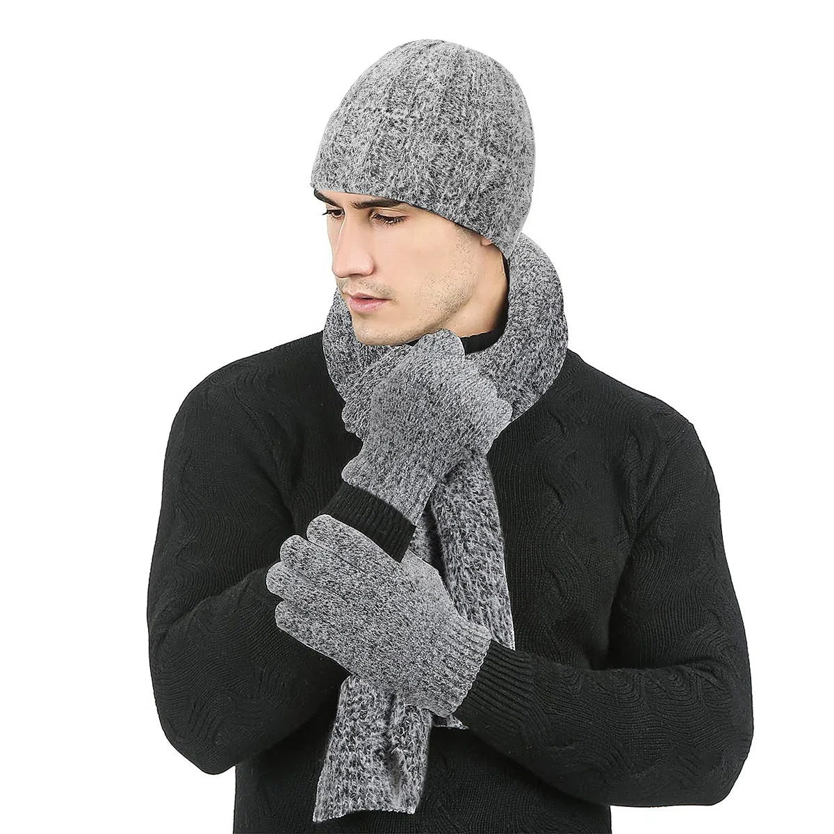 TAGVO Cappello Sciarpa e Guanti Touch Screen Set, Uomo Donna Invernali Berretto in Maglia con Sciarpa Beanie Collo della Ciarpa 3 Pezzi, Unisex Scaldacollo Morbido Tessuto Sciarpa in Maglia