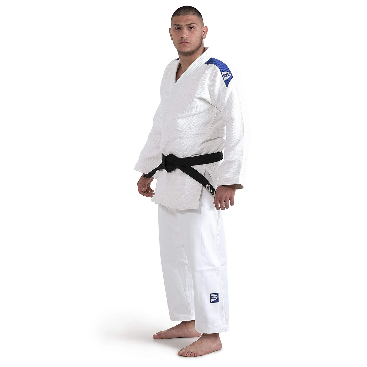 GREEN HILL JUDOGI Semi Competition Advanced 630g/m2 Judo GI Kimono Bianco Blu (150 Slimfit, Bianco Banda Blu)