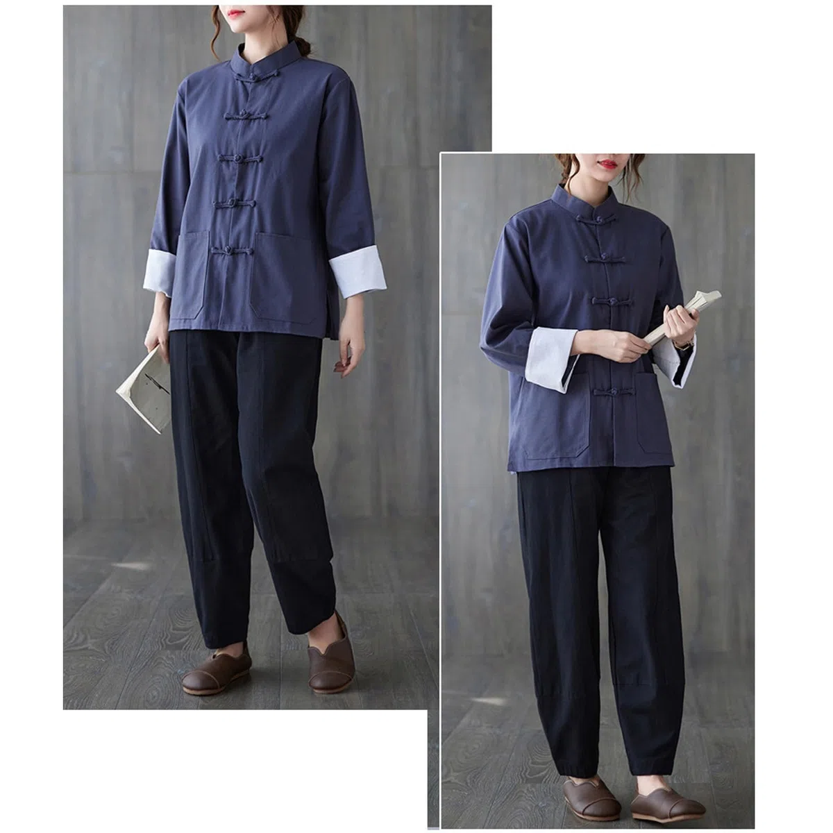 Uniforme Tradizionale Tai Chi per Abbigliamento da Donna In Cotone a Maniche Lunghe per Set di Arti Marziali Kung Fu,Blue-L