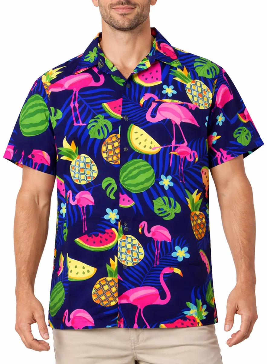 King Kameha Camicia Hawaiana Uomo Maniche Corte – Camicia Aloha Estiva con Stampa Fenicotteri e angurie, Leggera e Facile da Curare