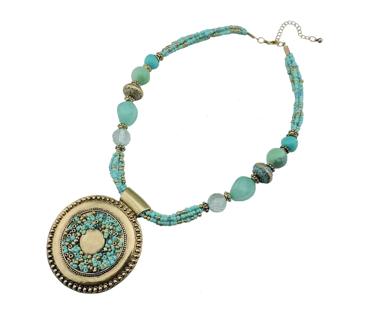 BOCAR - collana esclusiva con perline color acquamarina, vistosa, con ciondolo, stile antico, dorata (NK-10343)