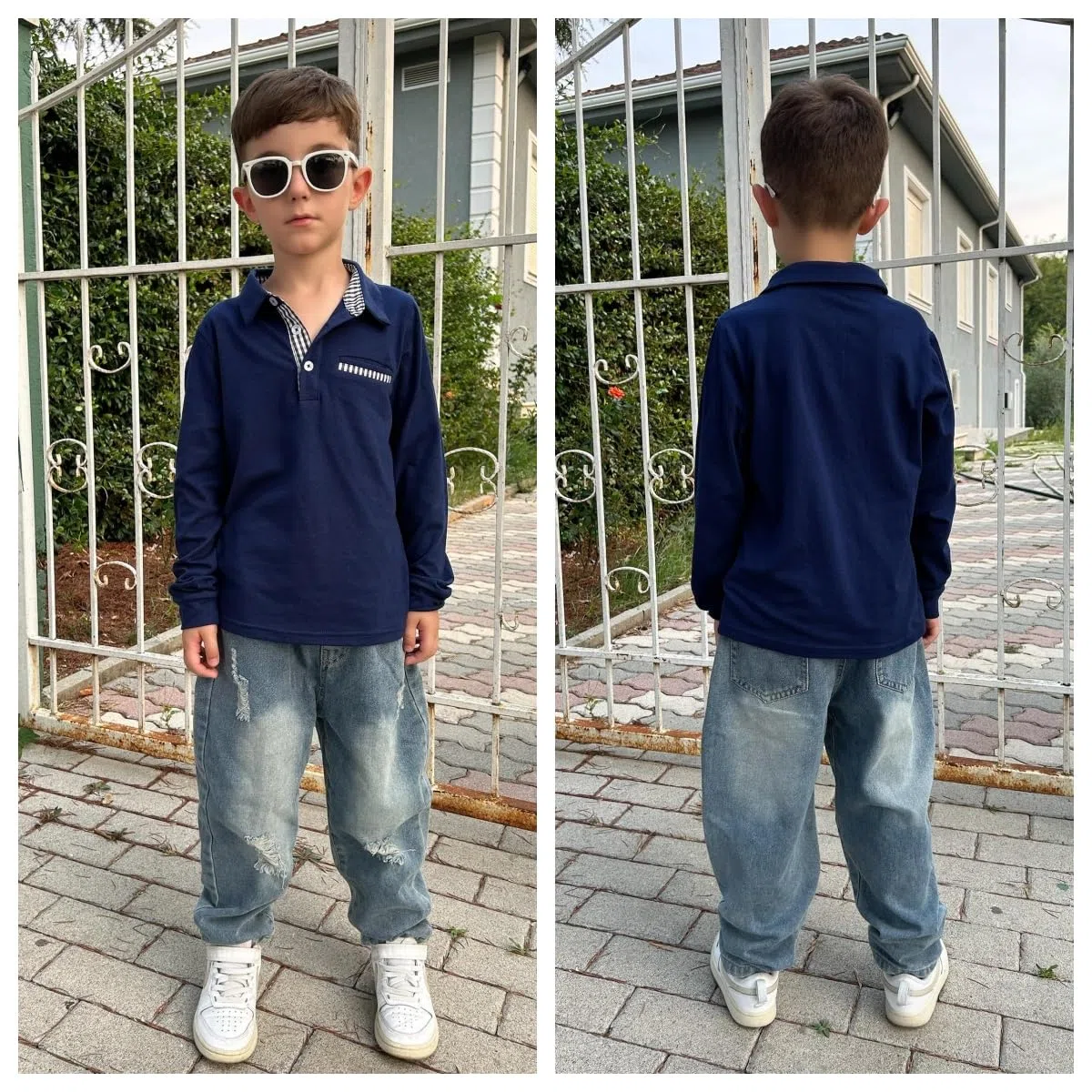 Arshiner Maglietta Polo a Maniche Lunghe per Bambino, Camicia Elasticizzata con Colletto con Dettaglio a Quadri e Taschino, Elegante e Morbida per Scuola e Autunno, 5–12 Anni