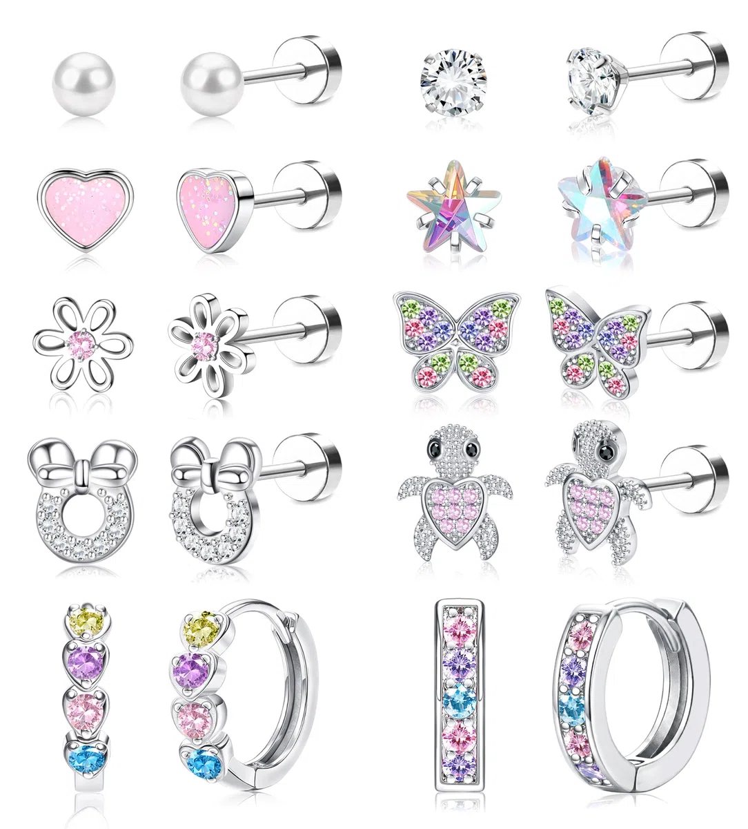 Adramata 10 Paia Orecchini Bambina Anallergici Set Orecchini Acciaio Inossidabile Piccoli Orecchino a Cerchio Argento/Oro 14K Orecchino a Bottone Fiori Farfalla Zirconi