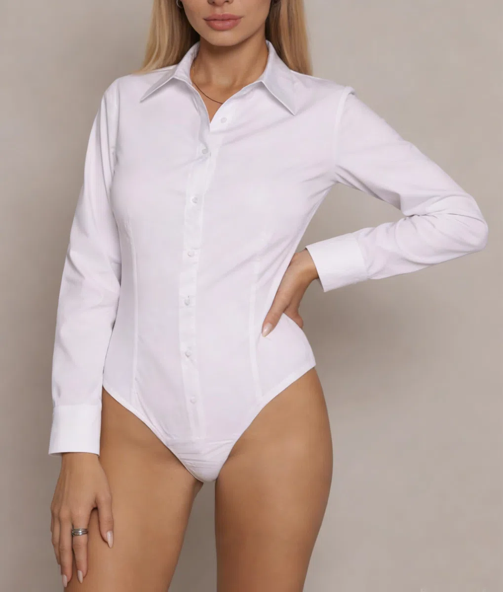 Body Camicia Donna Elegante in Cotone Elasticizzato, Stile Classico per Ufficio e Occasioni Casual