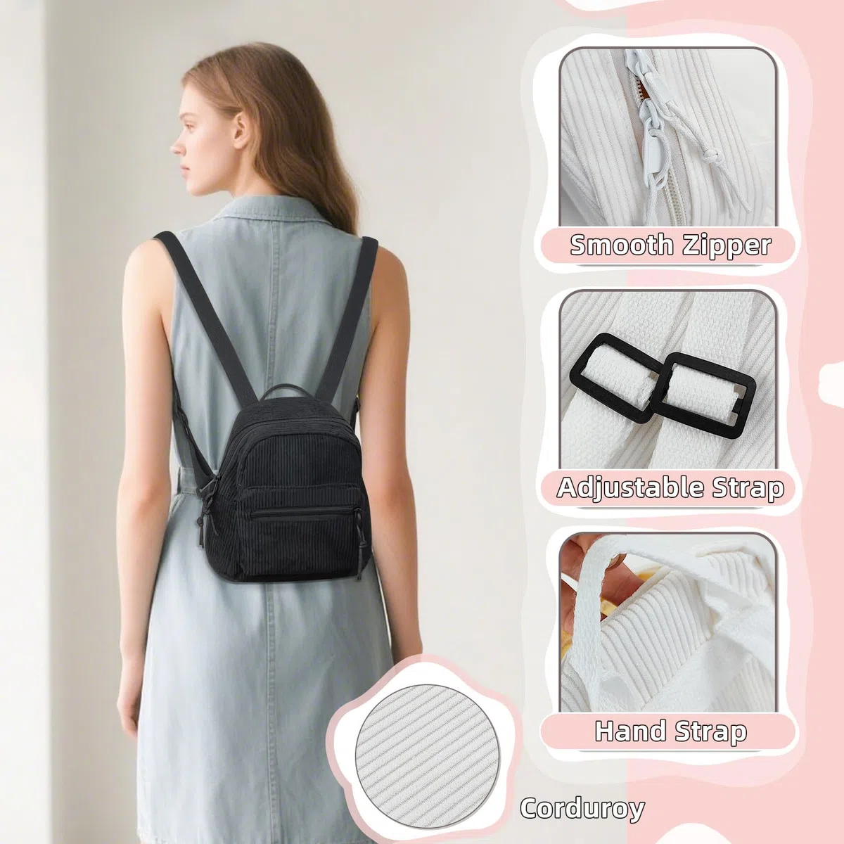 FuninCrea Cord - Mini zaino da donna, piccolo, leggero, alla moda, per donne e ragazze, casual, con tasca frontale per viaggi di studio