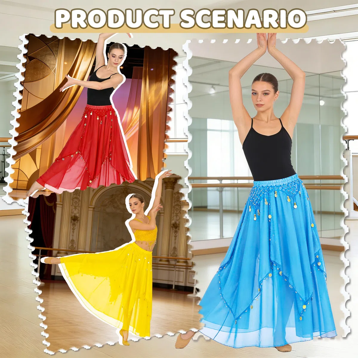Baisdan Gonna Danza del Ventre in Chiffon con Monete Dorate, Gonna Lunga da Danza per Flamenco, Halloween, Carnevale e Spettacoli
