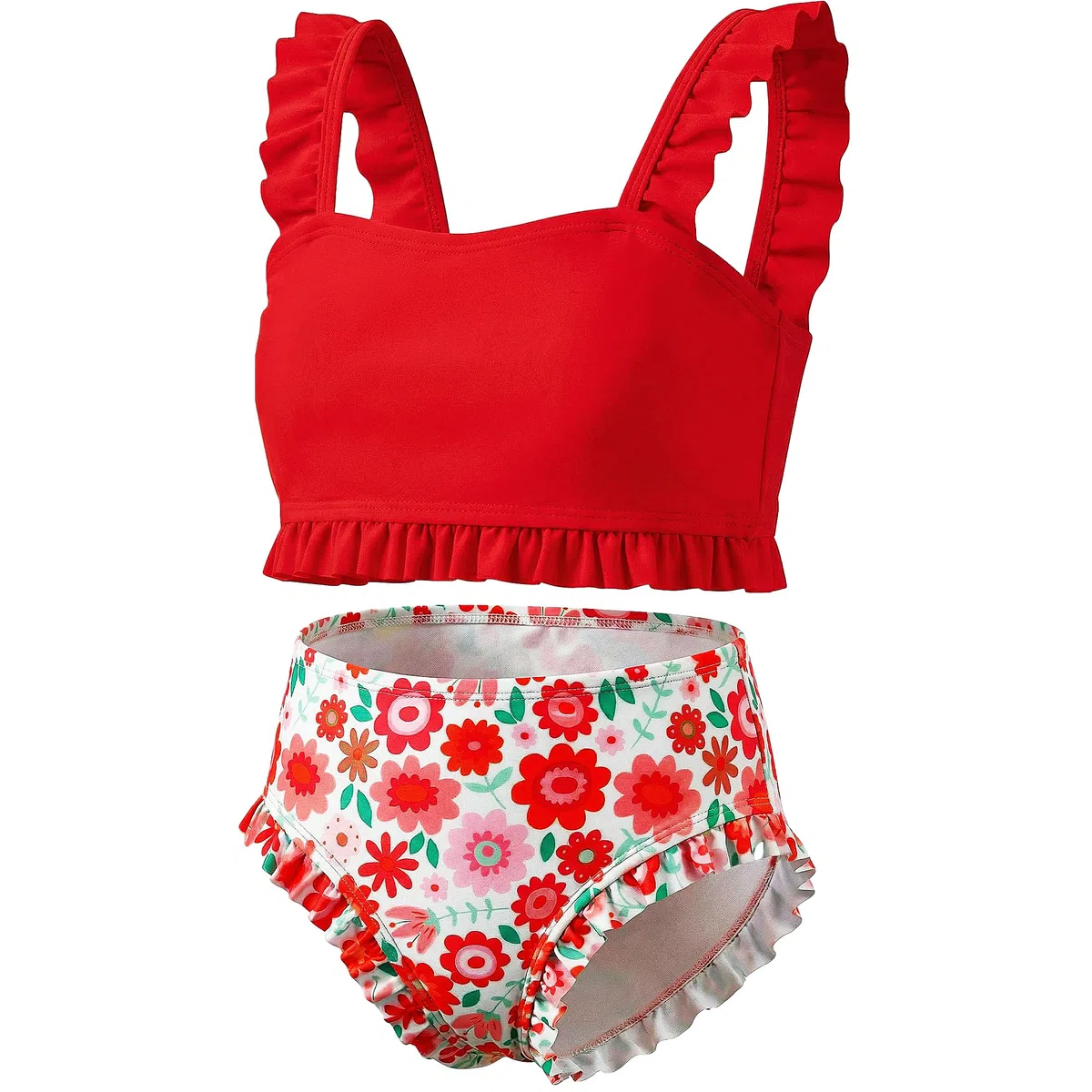 JinBei Set Bikini Ragazze, Costumi da Bagno 2 Pezzi Volant Top e Mutandina Stampa Floreale da Bagno Bambina Estate Abbigliamento da Spiaggia per Piscina Spiaggia Vacanze, 7-13 Anni