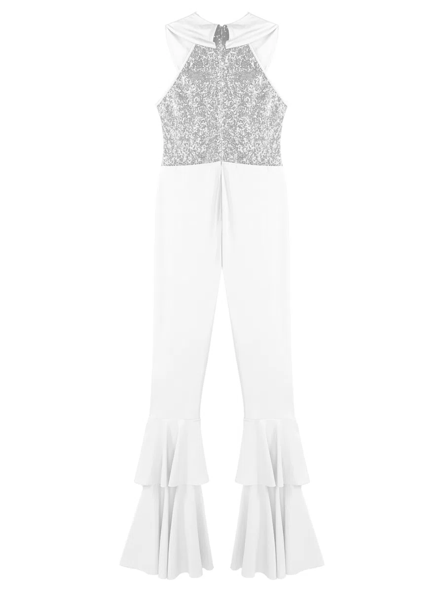 Hansber Disco Outfit Donna Anni 70 Glitter Paillettes Tuta Senza Maniche Jumpsuit Intero Abito Da Ballo Con Gamba Larga A Scalare Abbigliamento Danza