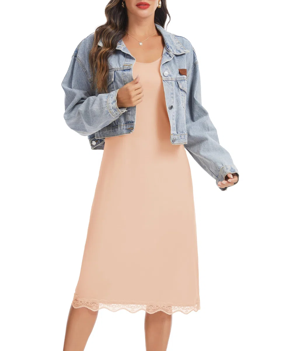 Lovasy Sottoveste Donna Lunga con Pizzo Sottovesti in Modal Senza Maniche Sexy Camicia da Notte con Spalla Larga Sottoveste Gonna Elegante Modellante Antistatica