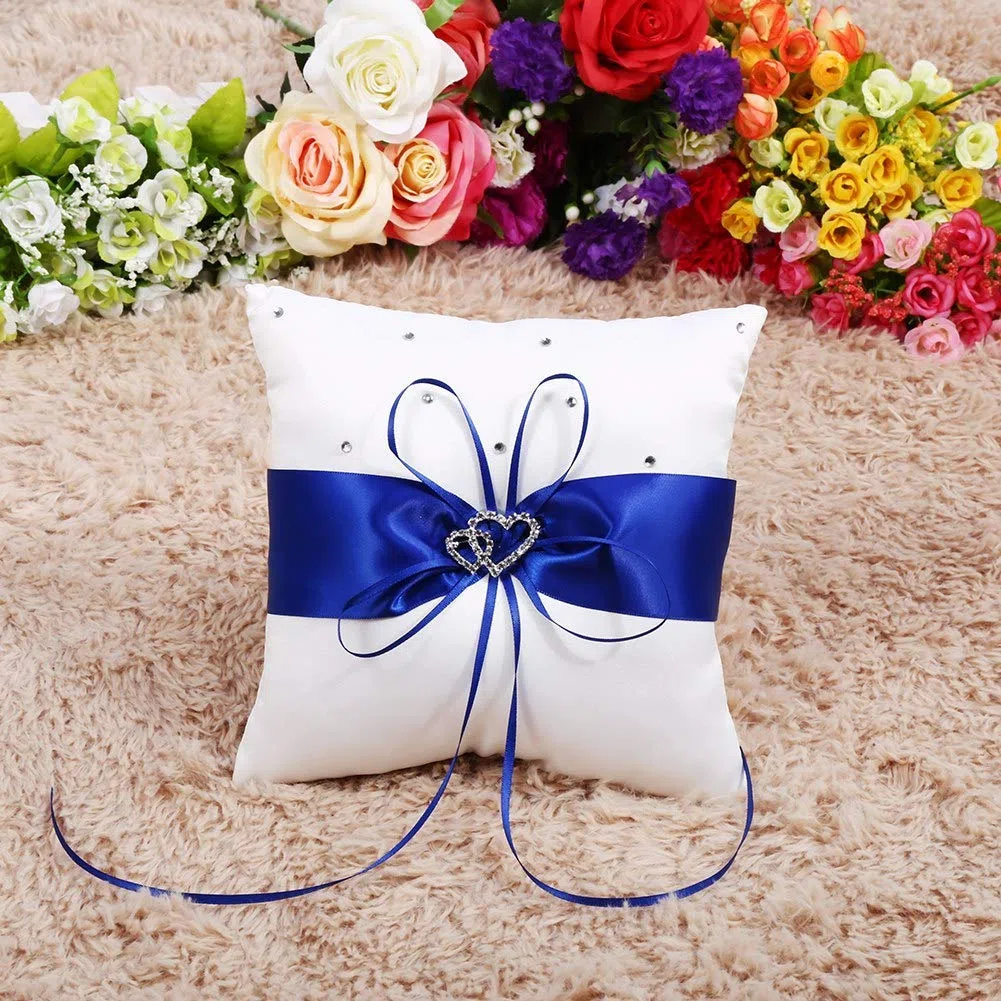 Cuscino per Portafedi Nuziale a Doppio Cuore - Alta Qualità, Fashionable, 4 Colori e Garanzia (Blu)