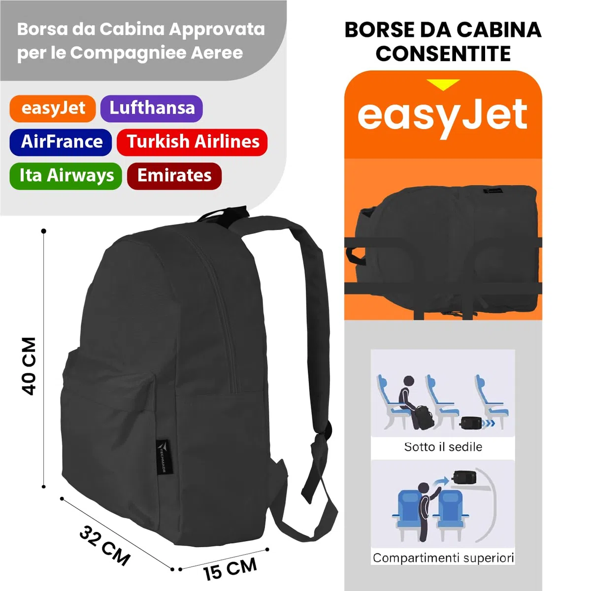 TECHMADE Zaino Leggero e Multifunzione per Laptop fino a 15" – Casual Ergonomico, Ideale per Scuola, Lavoro e Viaggi (Ryanair EasyJet) 40x15x30 cm– Spallacci Regolabili e Tasche Multifunzione (nero)