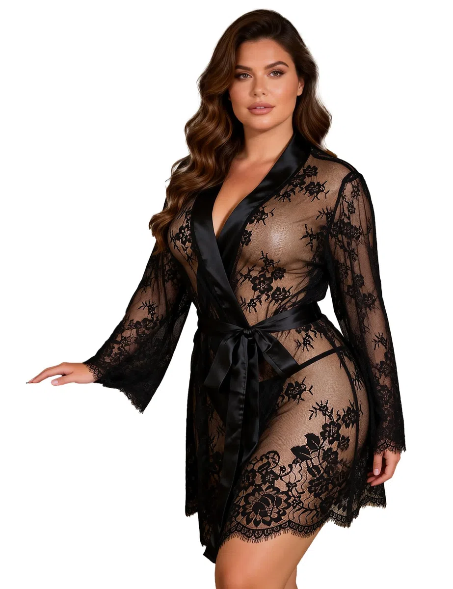 ohmydear Vestaglia Sexydonna Hot Pigiama Donna Sexy in Pizzo Camicia da Notte Trasparente Vestaglia Curvy con G-String e Cintura Accappatoio Abito da Notte Vestaglia Sposa