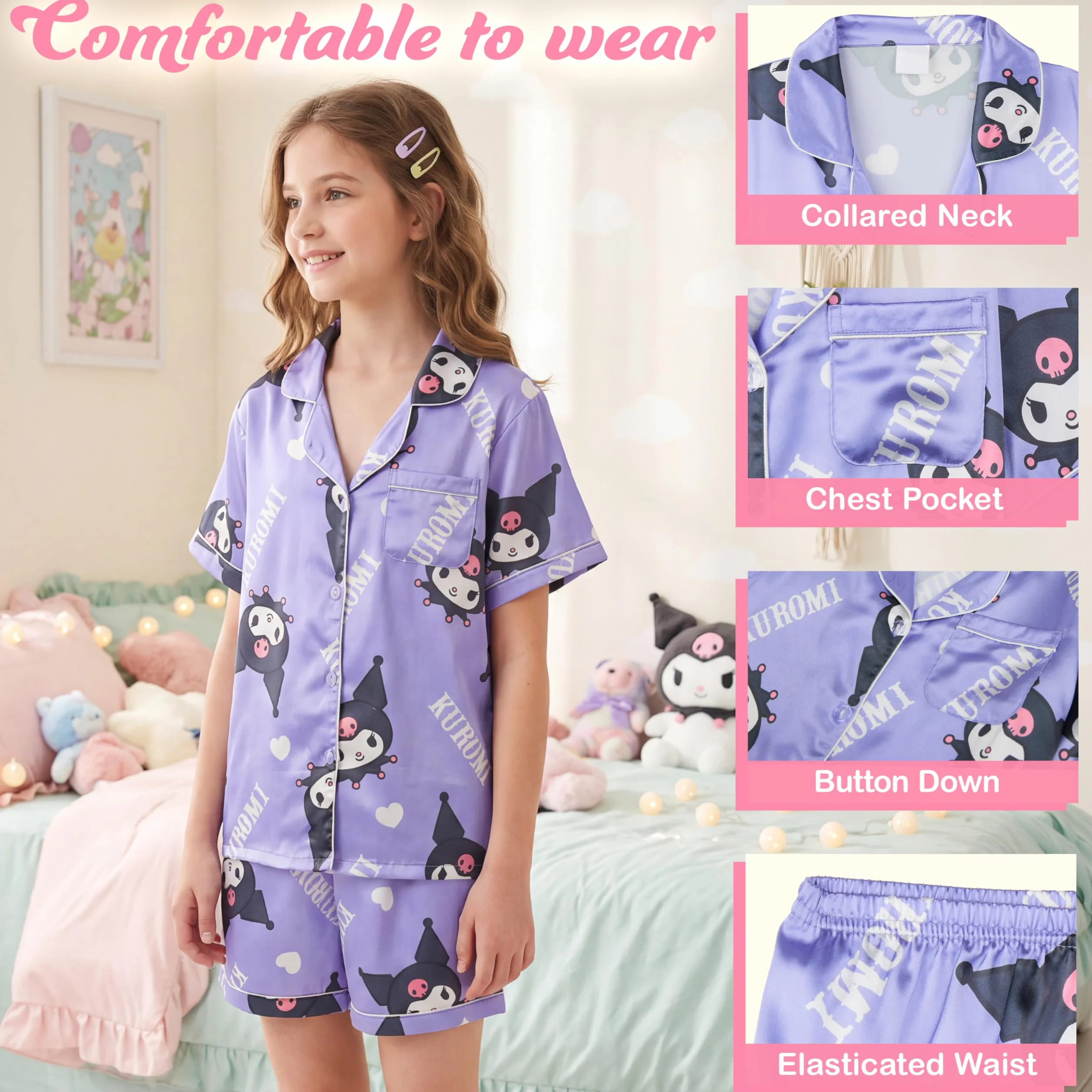 Get Trend Hello Kitty Kuromi Cinnamoroll | Pusheen Pigiama Corto Bambina, Set Pigiami con Maglietta Corta Ragazza e Pantalone, Regali Bambina