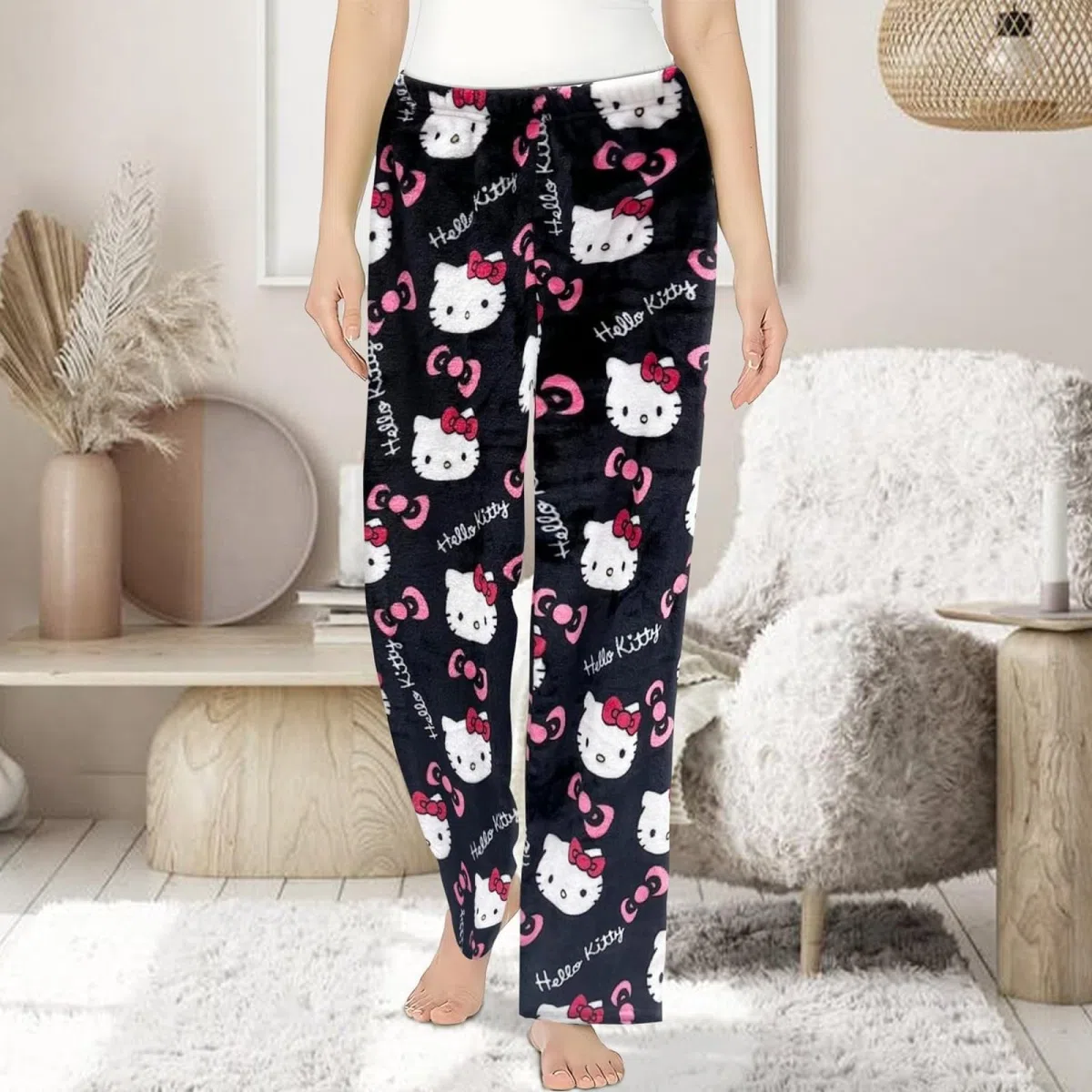 2PC Pantaloni Pigiama Flanella Donna Lungo, Pantaloni Pigiama Donna Y2K Cartoon Anime Kawaii Pigiami Morbido Comodo Caldo Pile Invernale Casual Casa Pigiamino Pantalone per Natale e Halloween