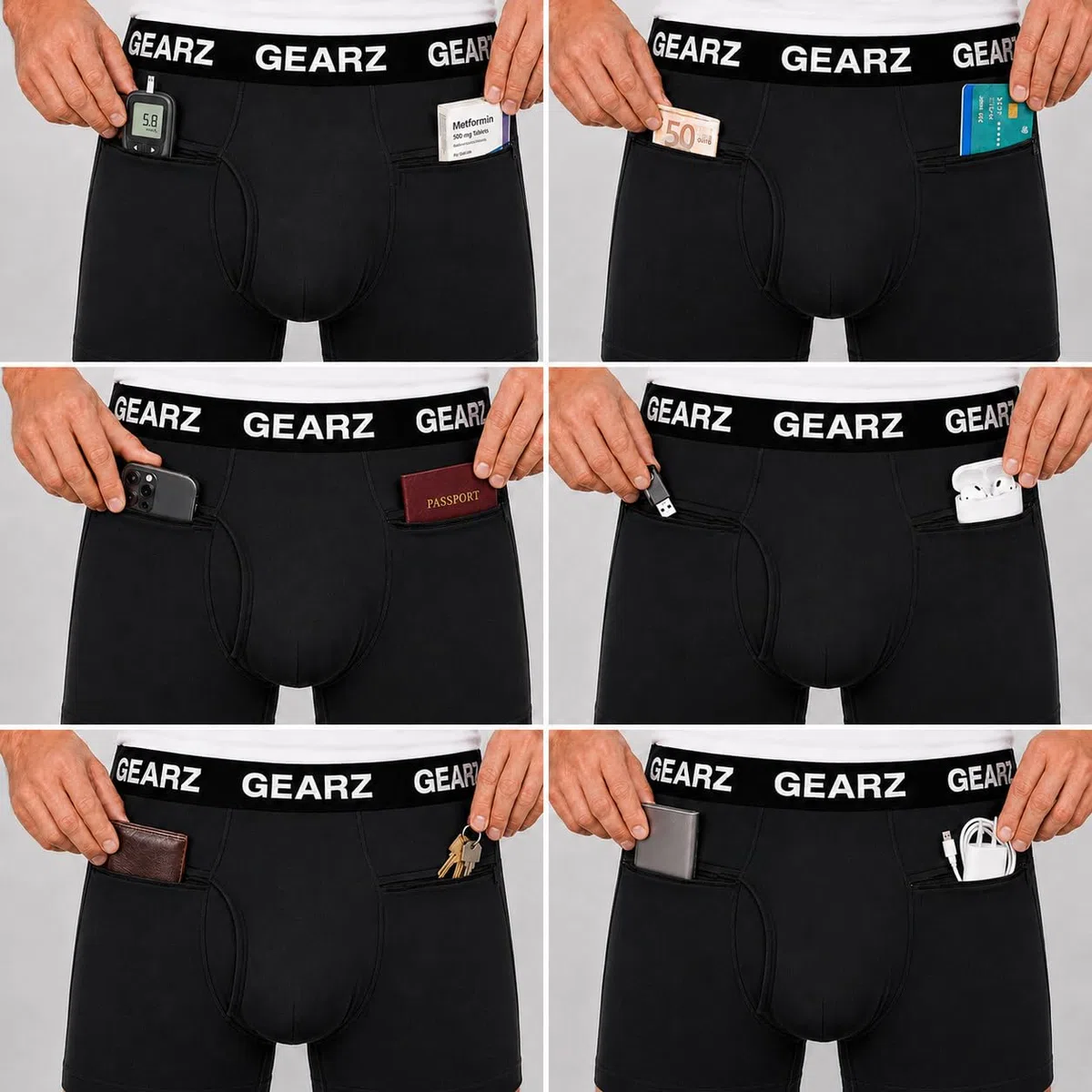 GEARZ - Boxer antifurto Uomo Viaggio, Boxer Tasca Zip Nascosta Sicurezza, Intimo Segreto con Tasche nascoste, Cotone Elasticizzato Nero