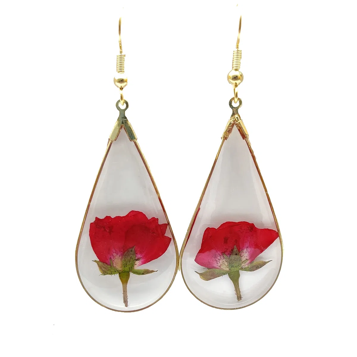 Rosso Rose Rosas Naturale Fiore Veri Goccia d'acqua Resina Placcato Oro Orecchini Goccia e pendenti Donna Handmade Amore Romantico