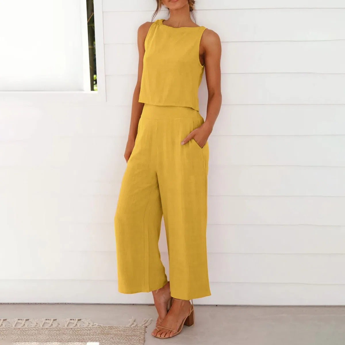 Completo Estivo Donna Lino Senza Maniche Bluse Traspirante Completi Elegante Set Due Pezzi donna estivo Canotta Boho Completino Casuale Mare Fresco completo Pantaloni e Camicia Per le Vacanze
