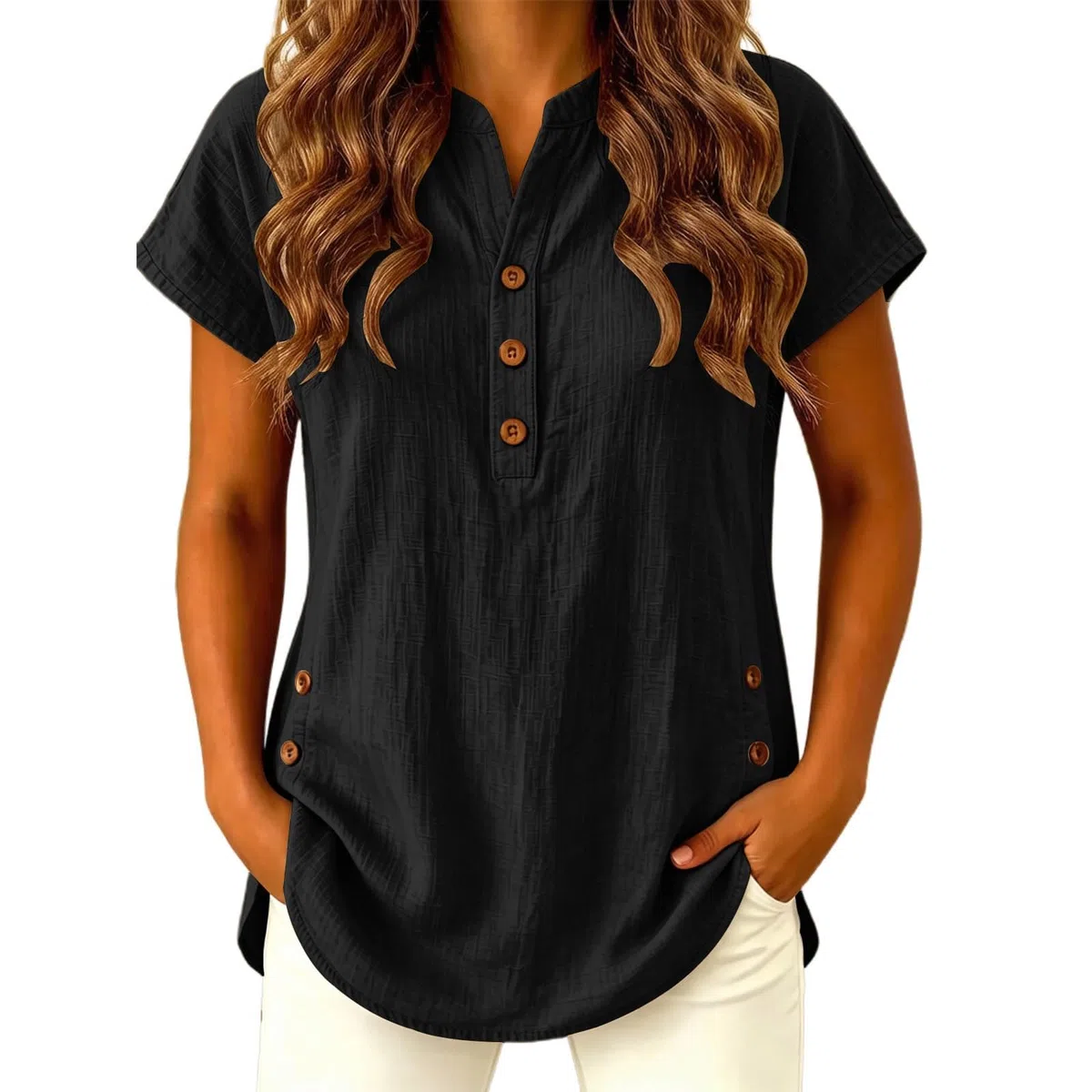 Generico Camicia Lino Donna - Camicetta Manica Corta Tunica Casacca Elegante Stile Casual con Colletto a V Leggera per Lavoro E Tempo Libero Modello Ampio L'Estate Le Calde Giornate Il Mare Gite