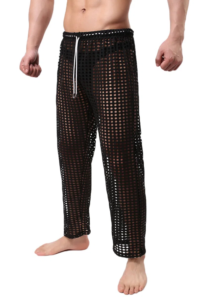 Sandbank - Pigiama da uomo sexy a rete, traforato, con coulisse, pantaloni lunghi