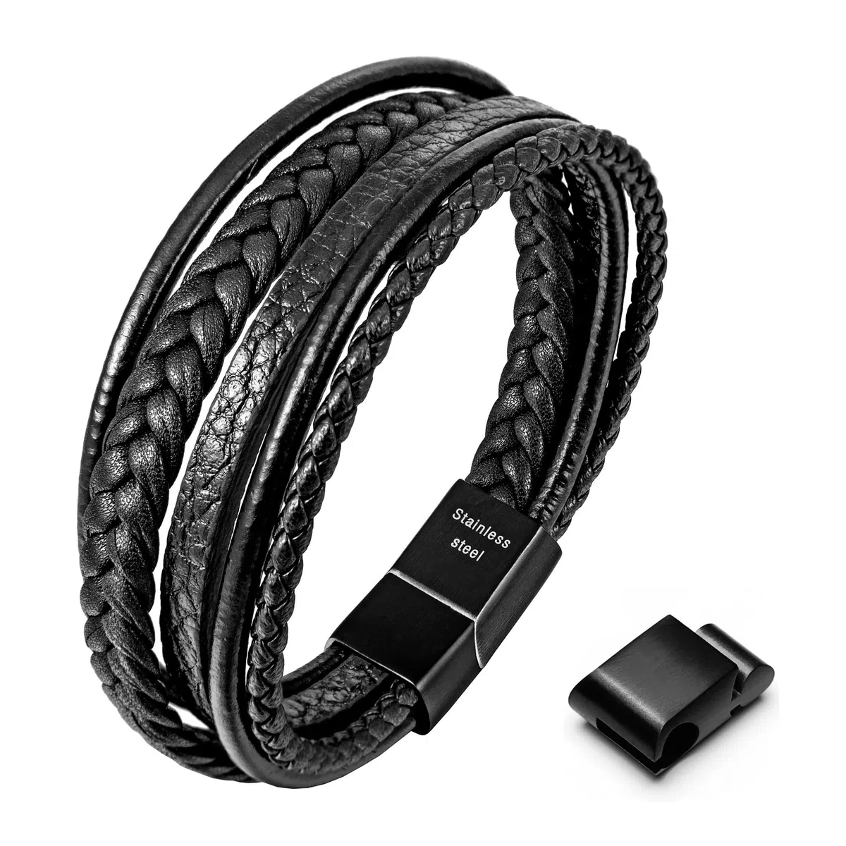 Bracciale da Uomo in Pelle Premium Nero/Marrone, Chiusura Magnetica in Acciaio Inossidabile, Idea Regalo per Uomo/Donna