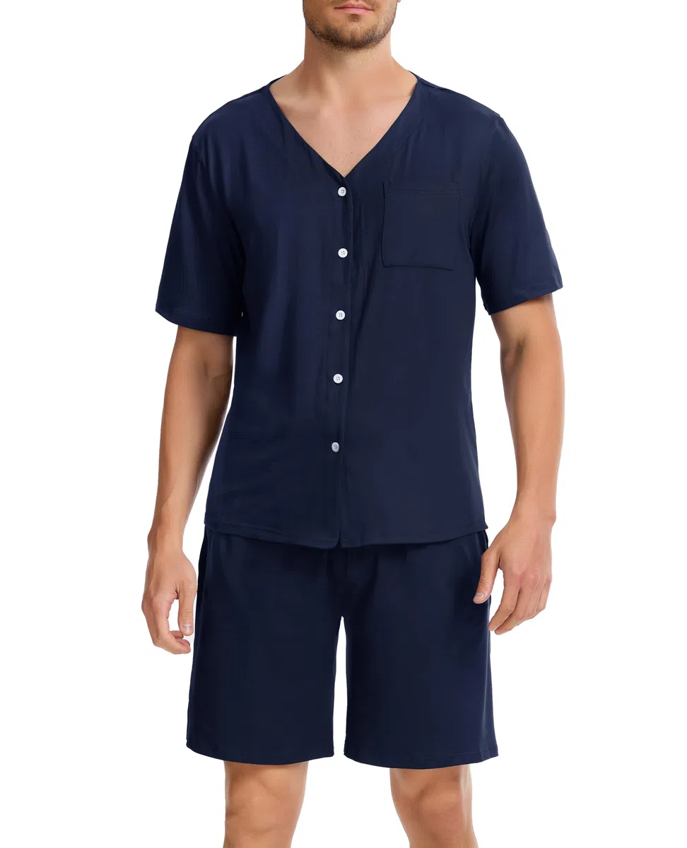 Wikoan Pigiama da Uomo Set Estivo a Due Pezzi Set Pigiama in Cotone Cardigan con Pantaloncini S-XXL