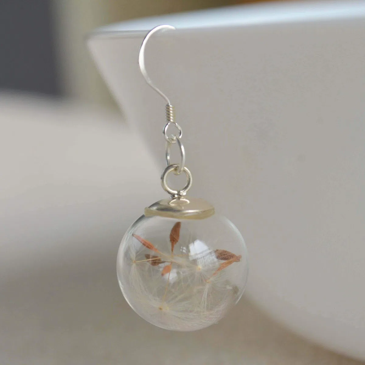 Dente di leone Esprimi un Desiderio Tarassaco Vero Fiori Vetro Palla Argento Sterling 925 Orecchini Goccia e pendenti Donna Handmade