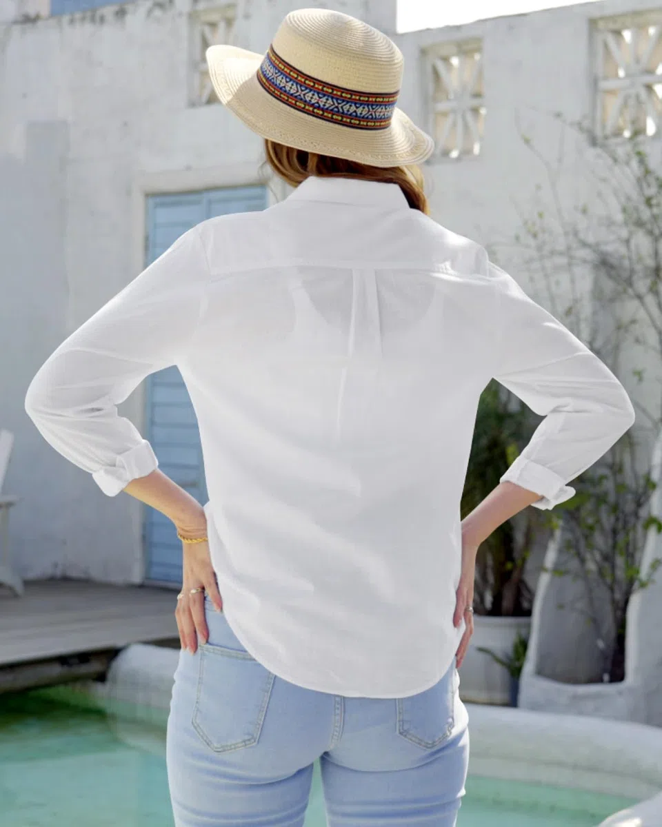 Friptspyg Camicetta in Mussola Camicia Casual da Donna a Maniche Lunghe 100% Cotone Taglio a V Camicetta con Bottoni in Alto Maniche Arrotolate