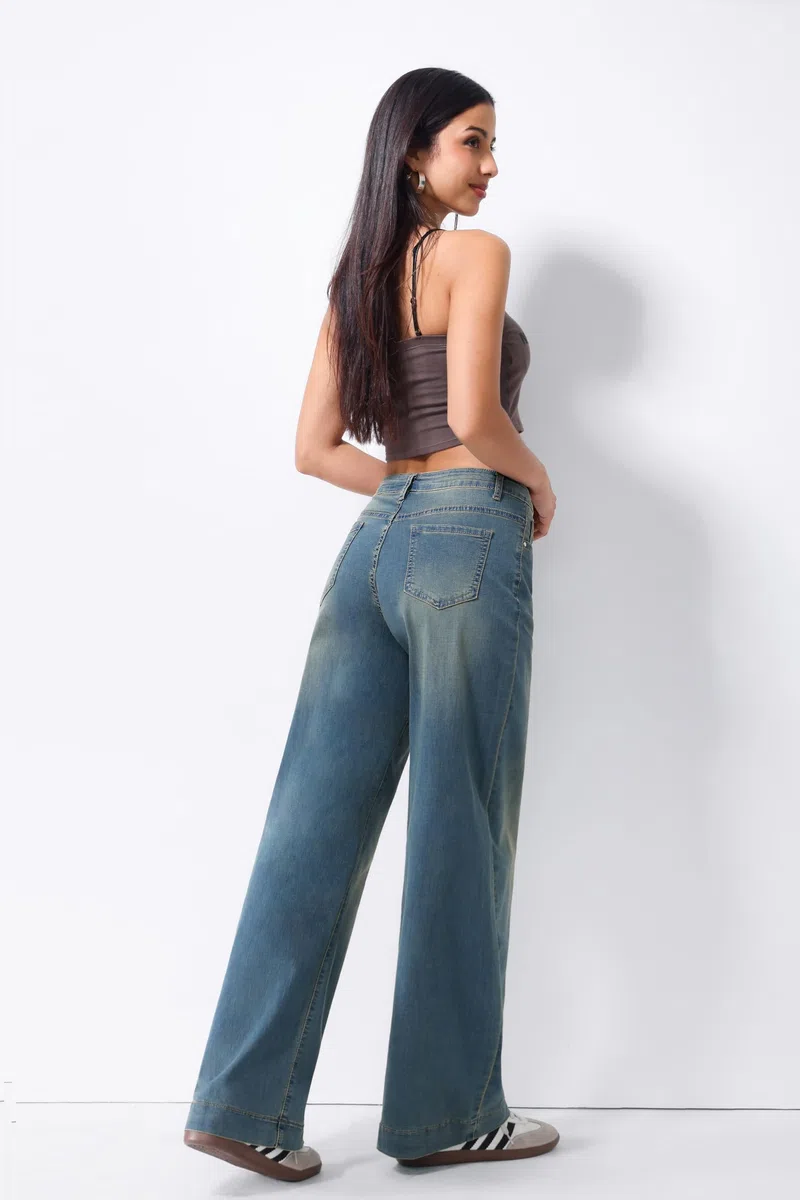 Jeans Donna Vita Alta Gamba Larga Denim Elasticizzato Lavaggio Chiaro Casual Streetwear Comodi