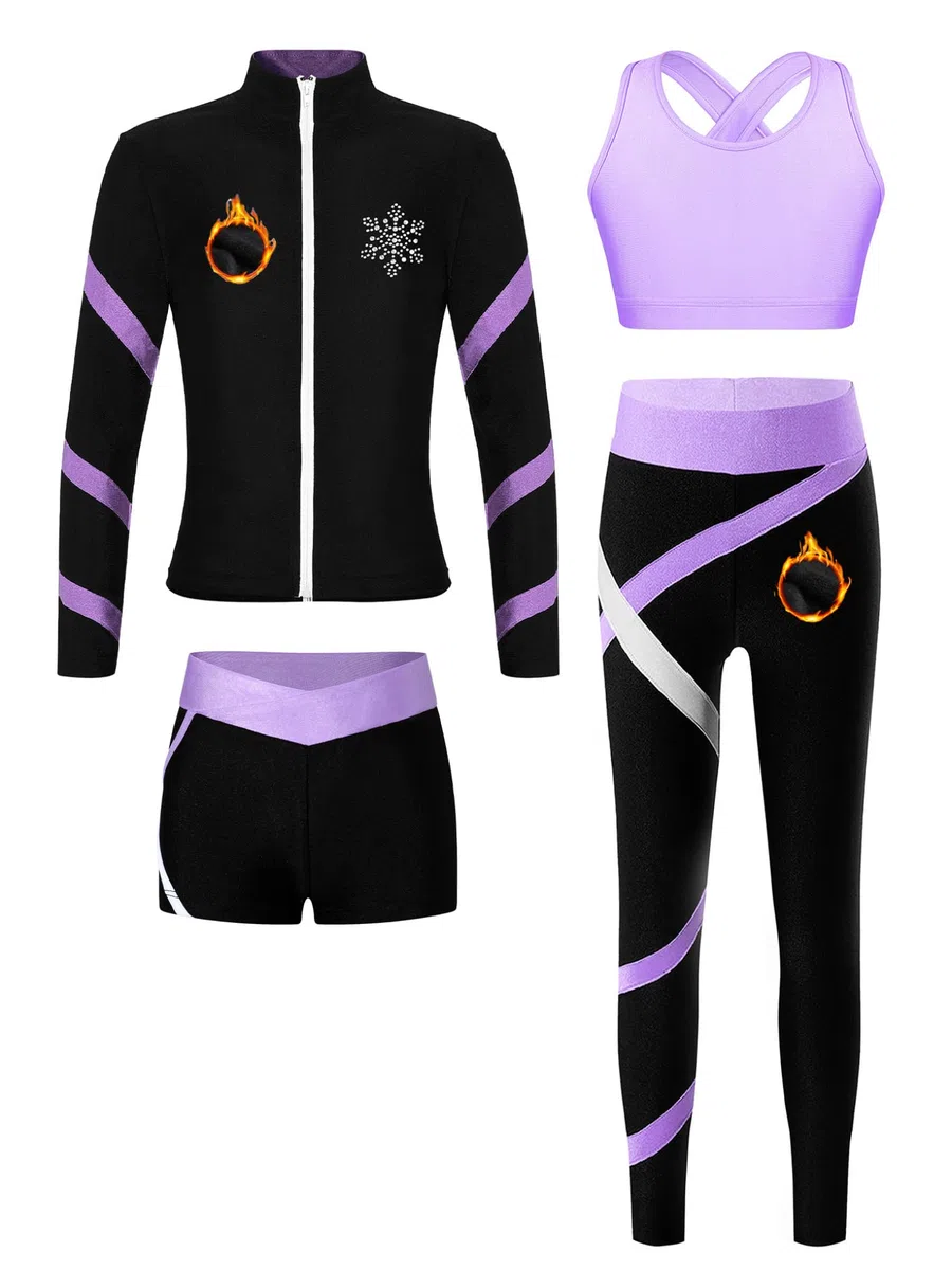 Tute da Pattinaggio in Pile Bambina Completo Invernale Termico Giacca + Reggiseno+ Pantaloni + Pantaloncini Abbigliamento da Pattinaggio su Ghiaccio Viola 11-12 anni