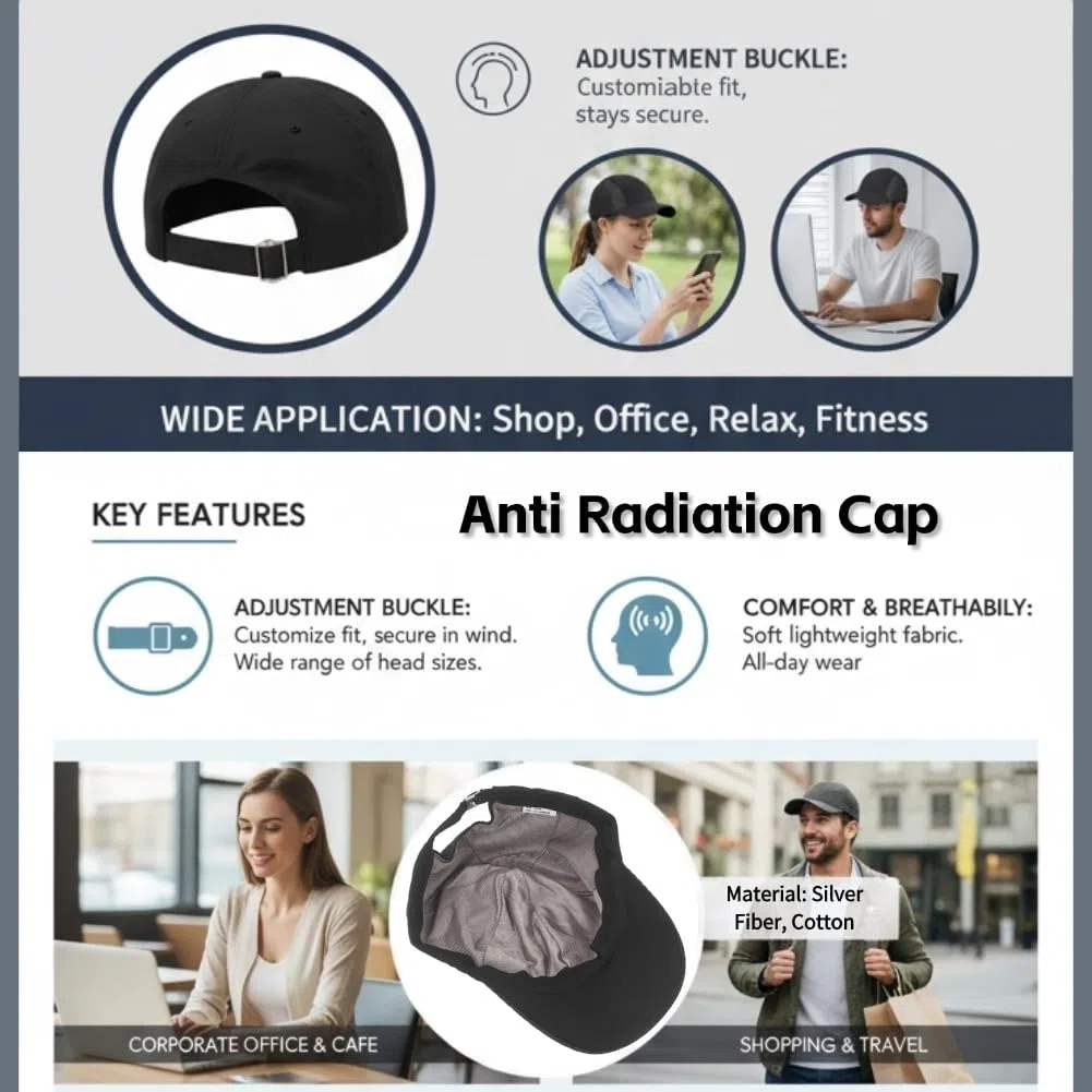 Cappuccio Anti-Radiazioni, Cappuccio di Protezione Dalle Radiazioni EMF Rivestito in Fibra D'argento con Circonferenza Regolabile per Telefoni Cellulari, Computer, Torri di (BLACK)