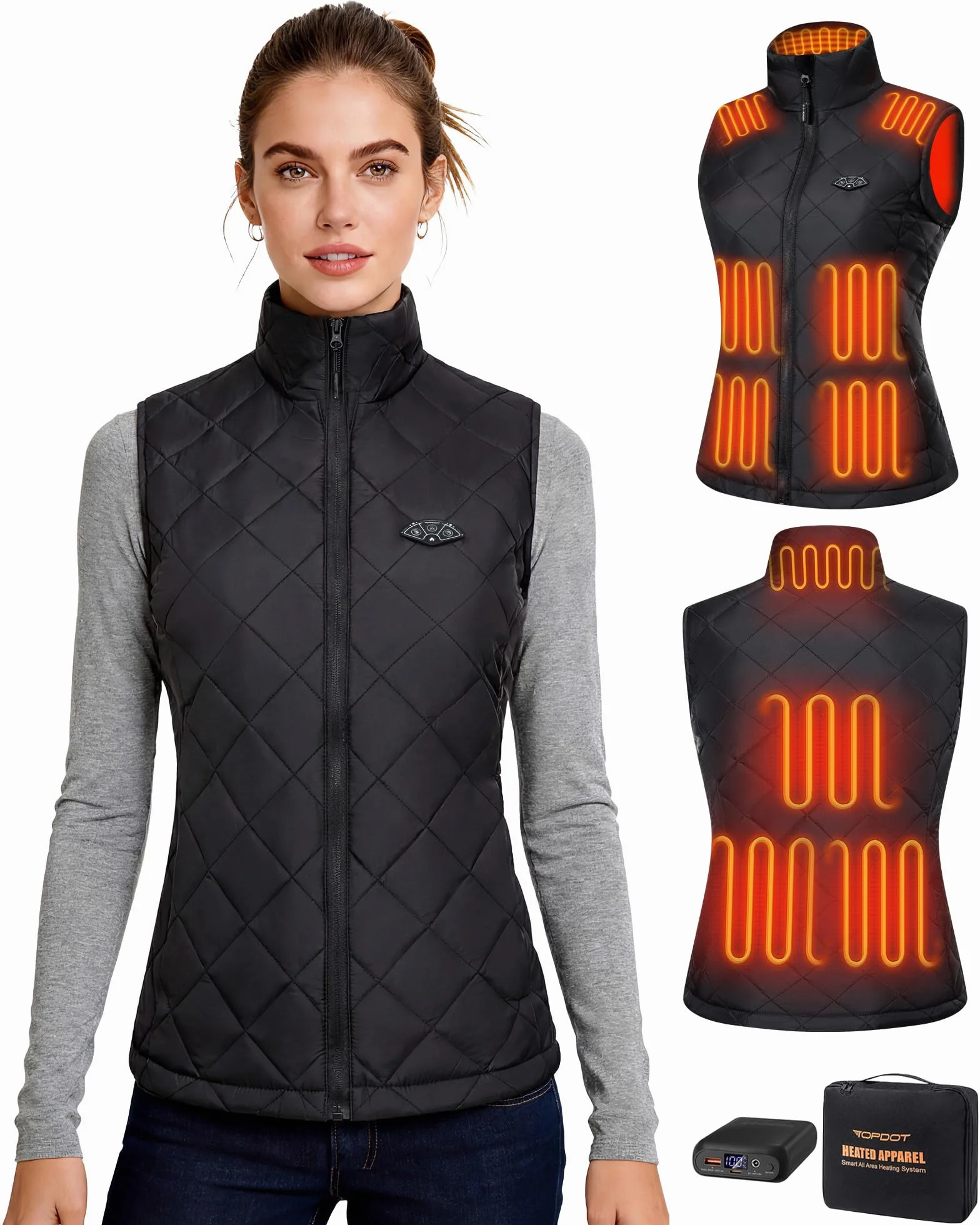 Topdot Gilet Riscaldato Donna con Batteria 7.4V 16000mAh, 10 Zone di Riscaldamento, Elettrico Gilet Termico Leggero con 3 Temperature per Ciclismo, Lavori All'aperto,M