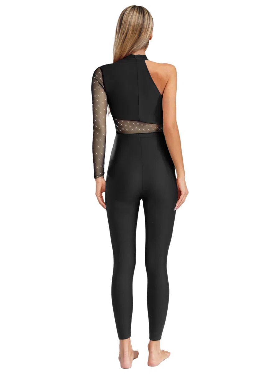 Alvivi Tuta Intera per Pattinaggio Artistico Donna Monospalla con Strass Bodysuit Leotard Ginnastica in Rete Trasparente Jumpsuit Danza Latina Allenamente