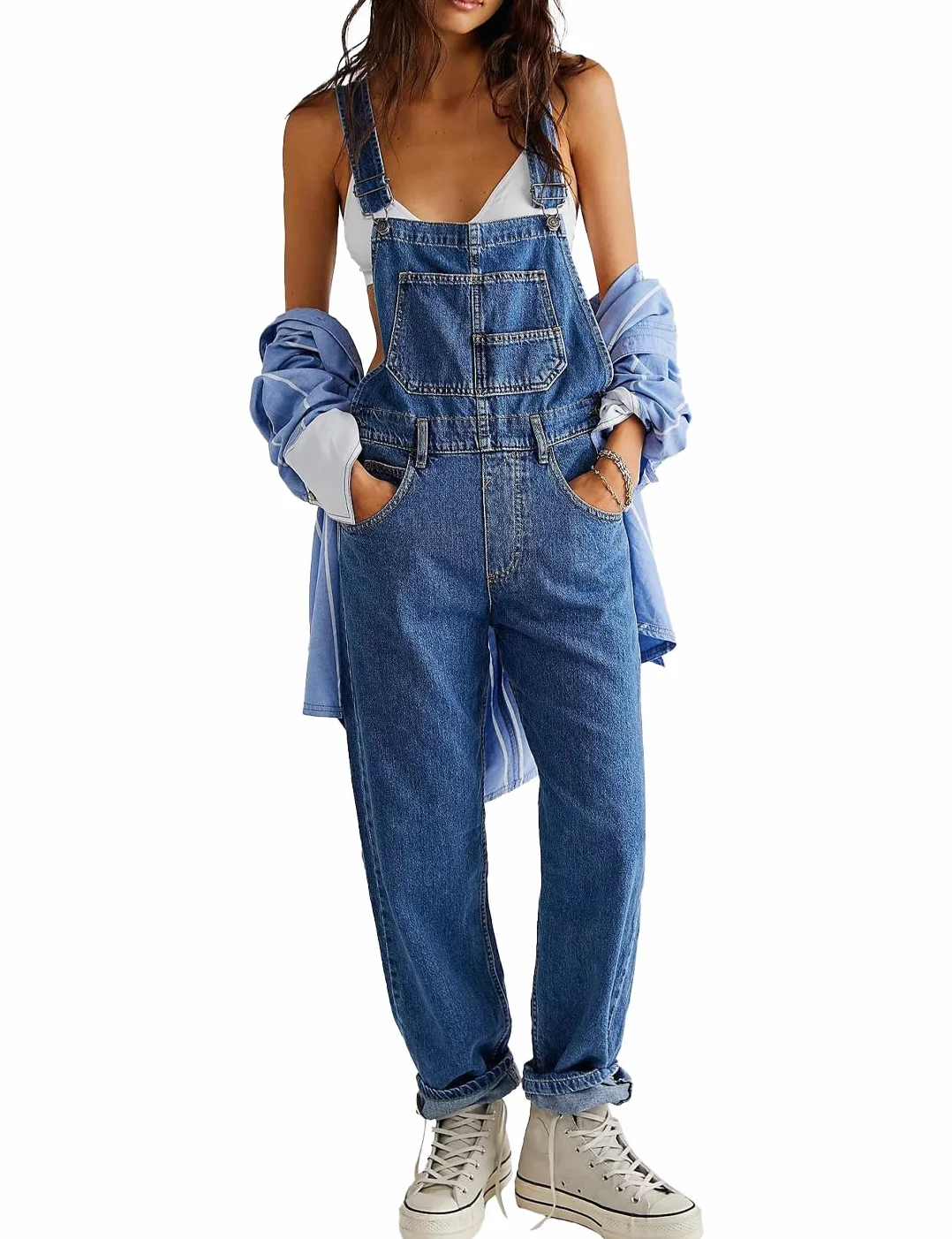 Sukany Salopette da donna casual in denim con spalline regolabili larghe salopette pagliaccetto tuta harem pantaloni